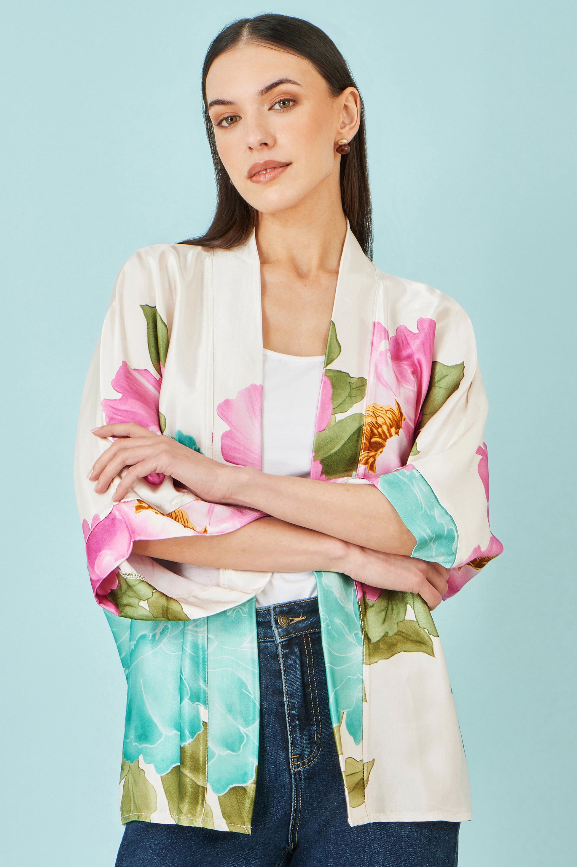 Yumi Ivory Floral Print Relaxed Kimono Outerwear Yumi