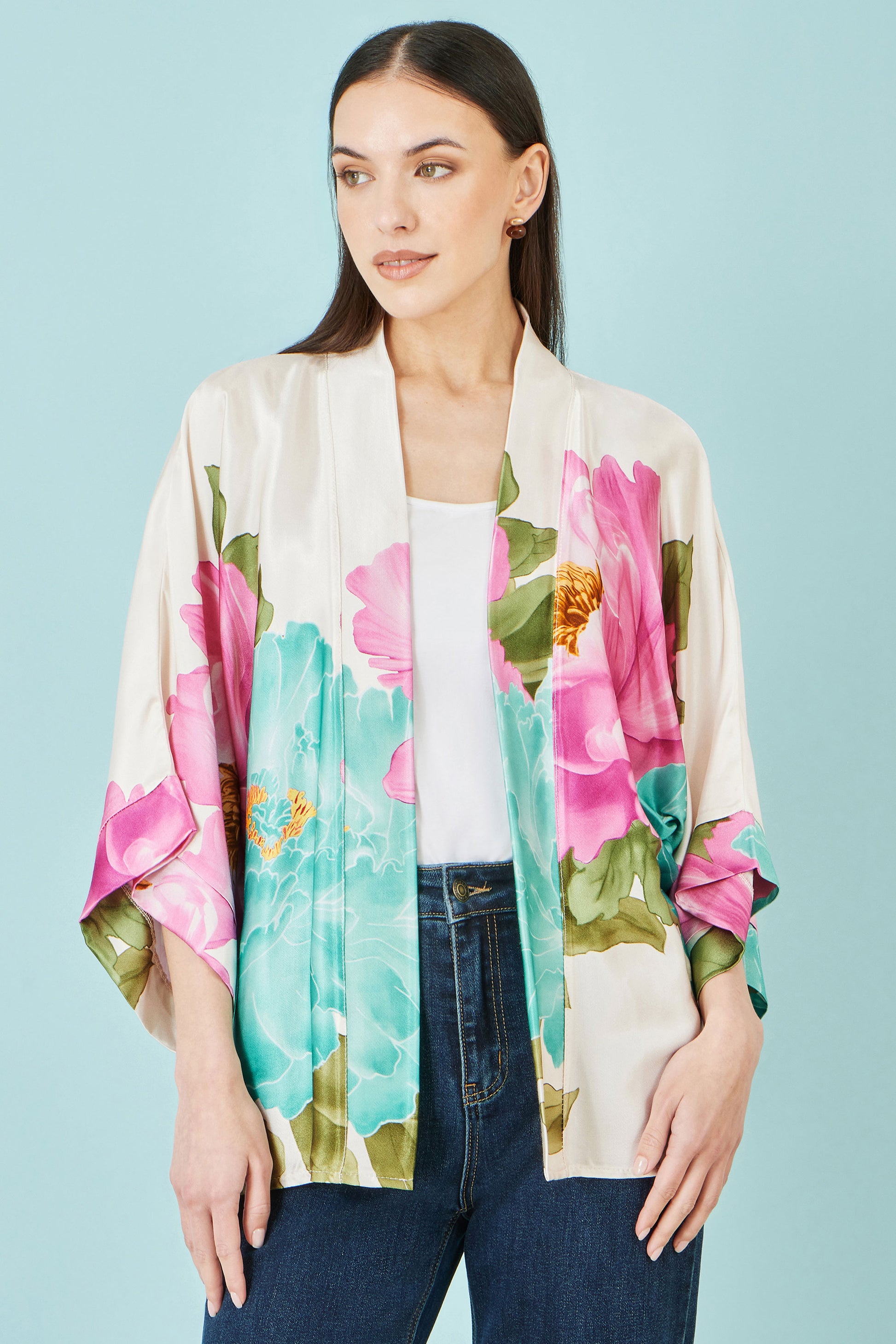 Yumi Ivory Floral Print Relaxed Kimono Outerwear Yumi