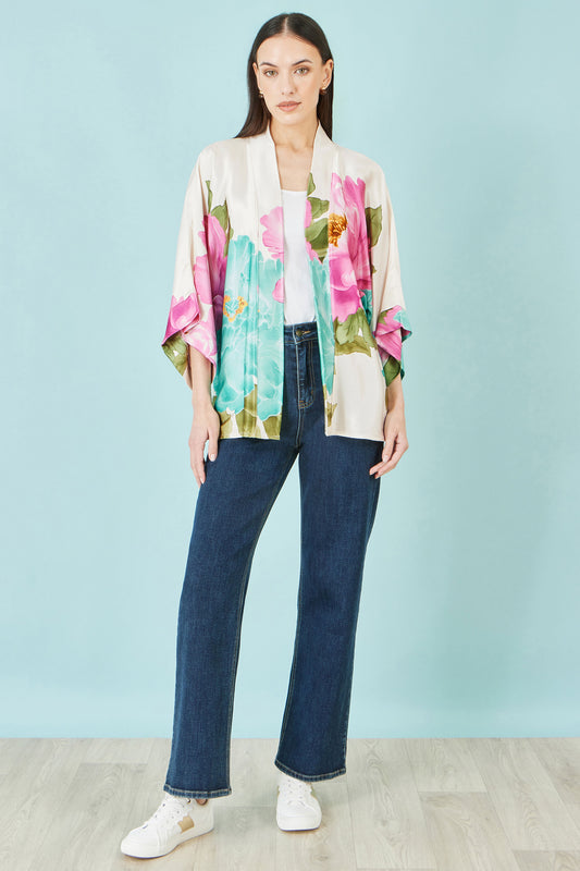 Yumi Ivory Floral Print Relaxed Kimono Outerwear Yumi