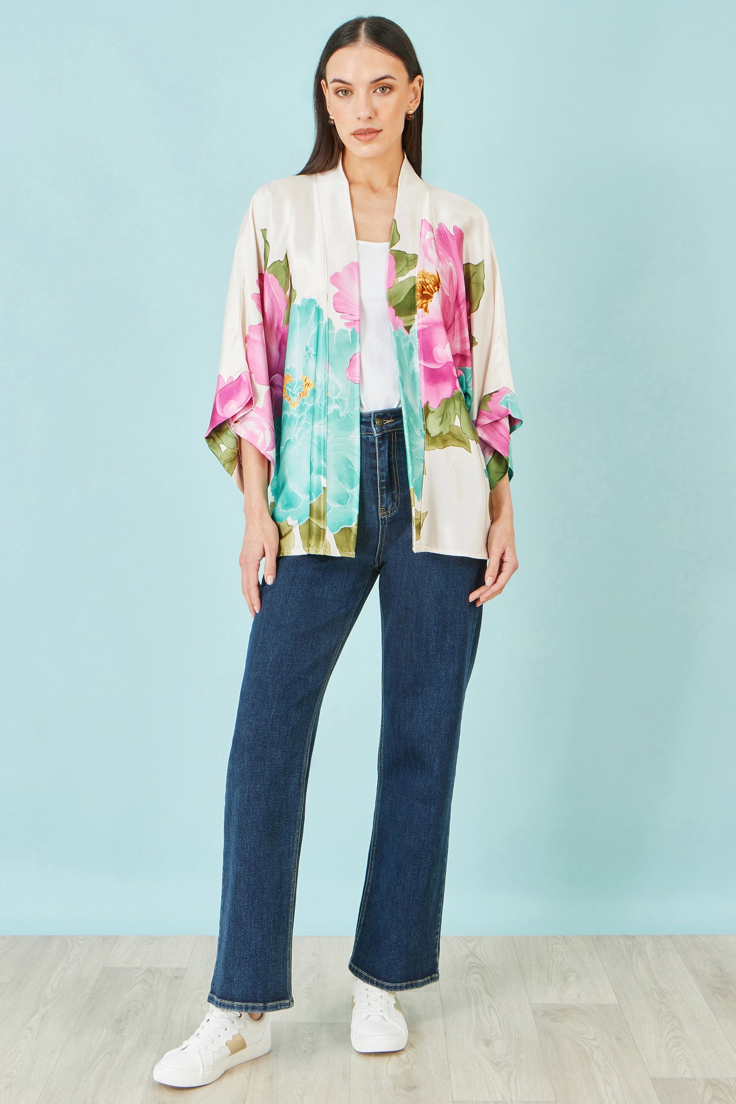 Yumi Ivory Floral Print Relaxed Kimono Outerwear Yumi