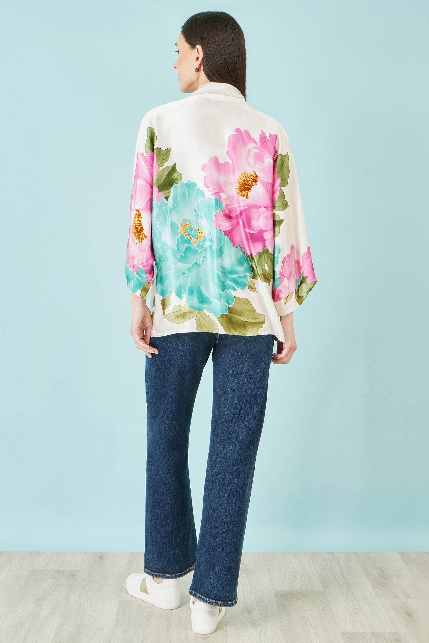 Yumi Ivory Floral Print Relaxed Kimono Outerwear Yumi