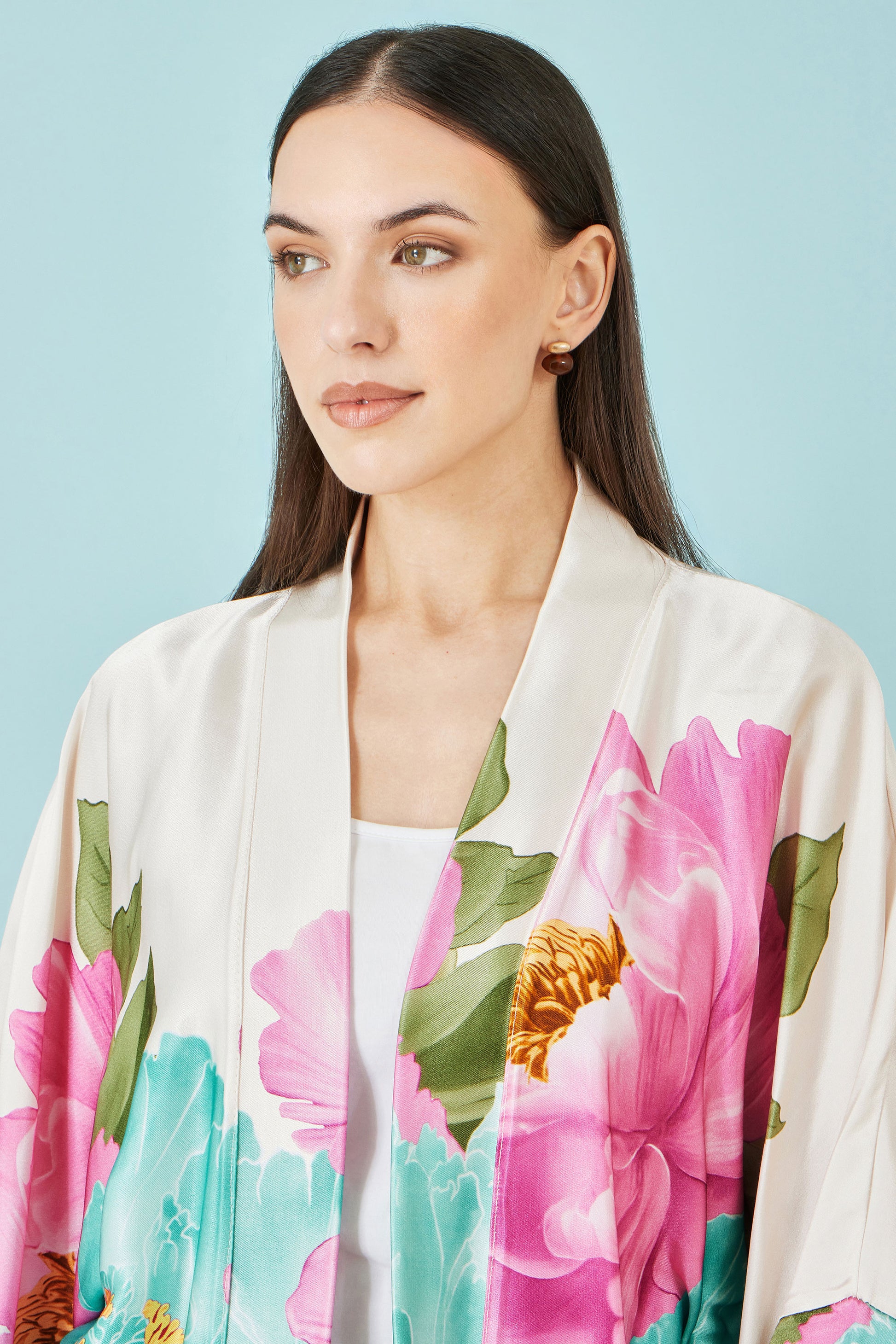 Yumi Ivory Floral Print Relaxed Kimono Outerwear Yumi