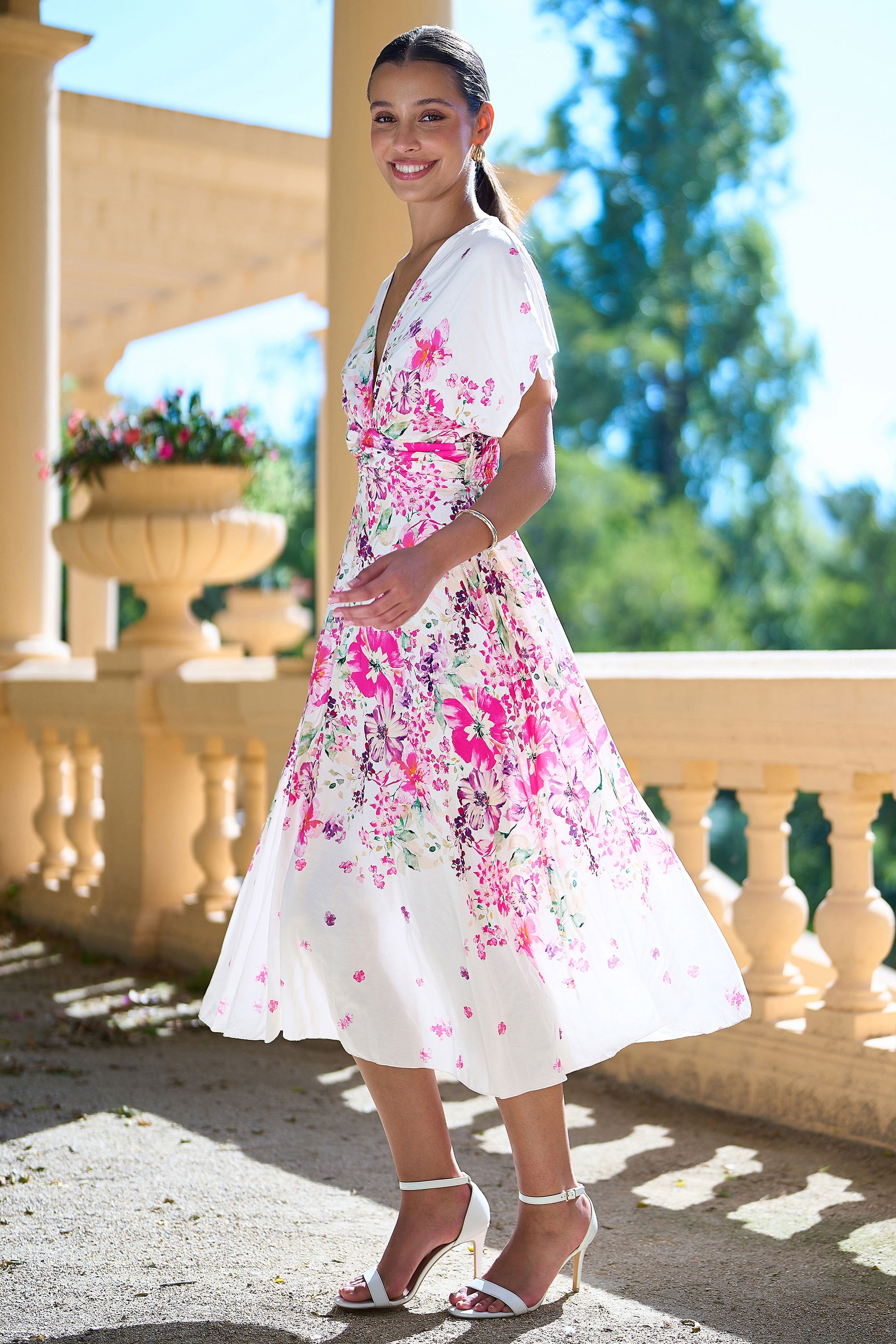 Yumi Pink Mirror Floral Print Ruched Waist Kimono Midi Dress Dress Casual Yumi