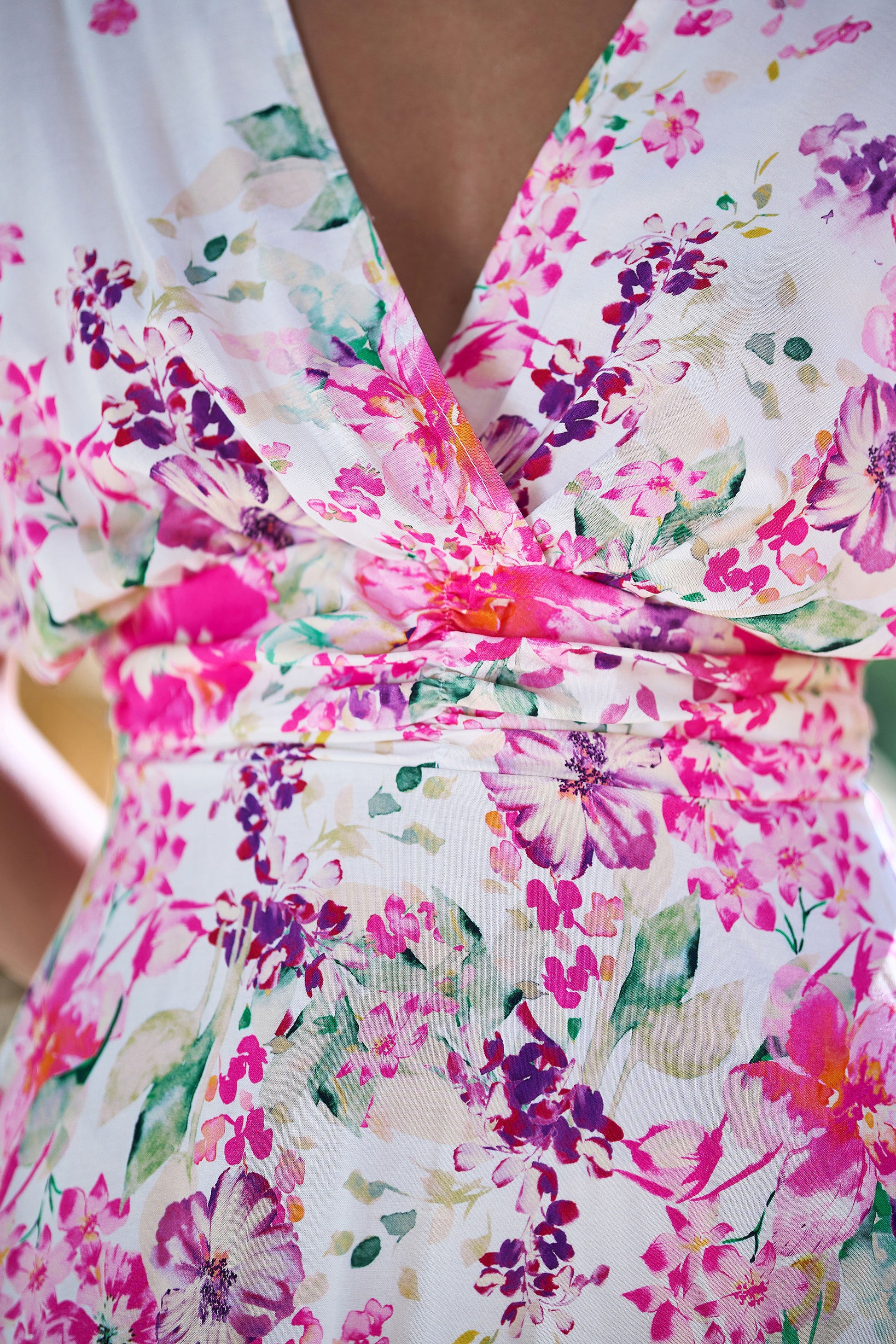 Yumi Pink Mirror Floral Print Ruched Waist Kimono Midi Dress Dress Casual Yumi