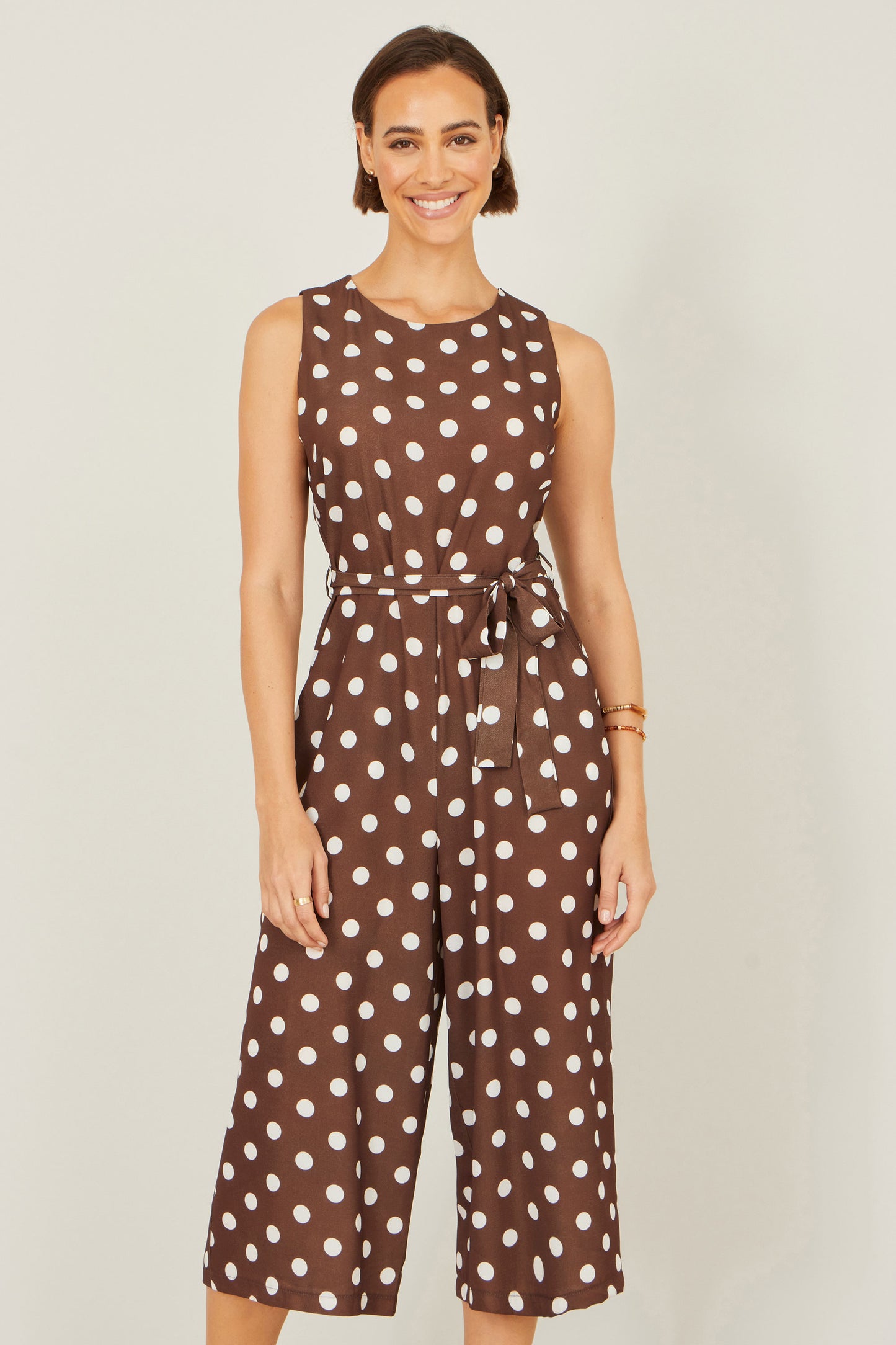 Yumi Brown Polka Dot Culotte Jumpsuit JUMPSUIT Yumi