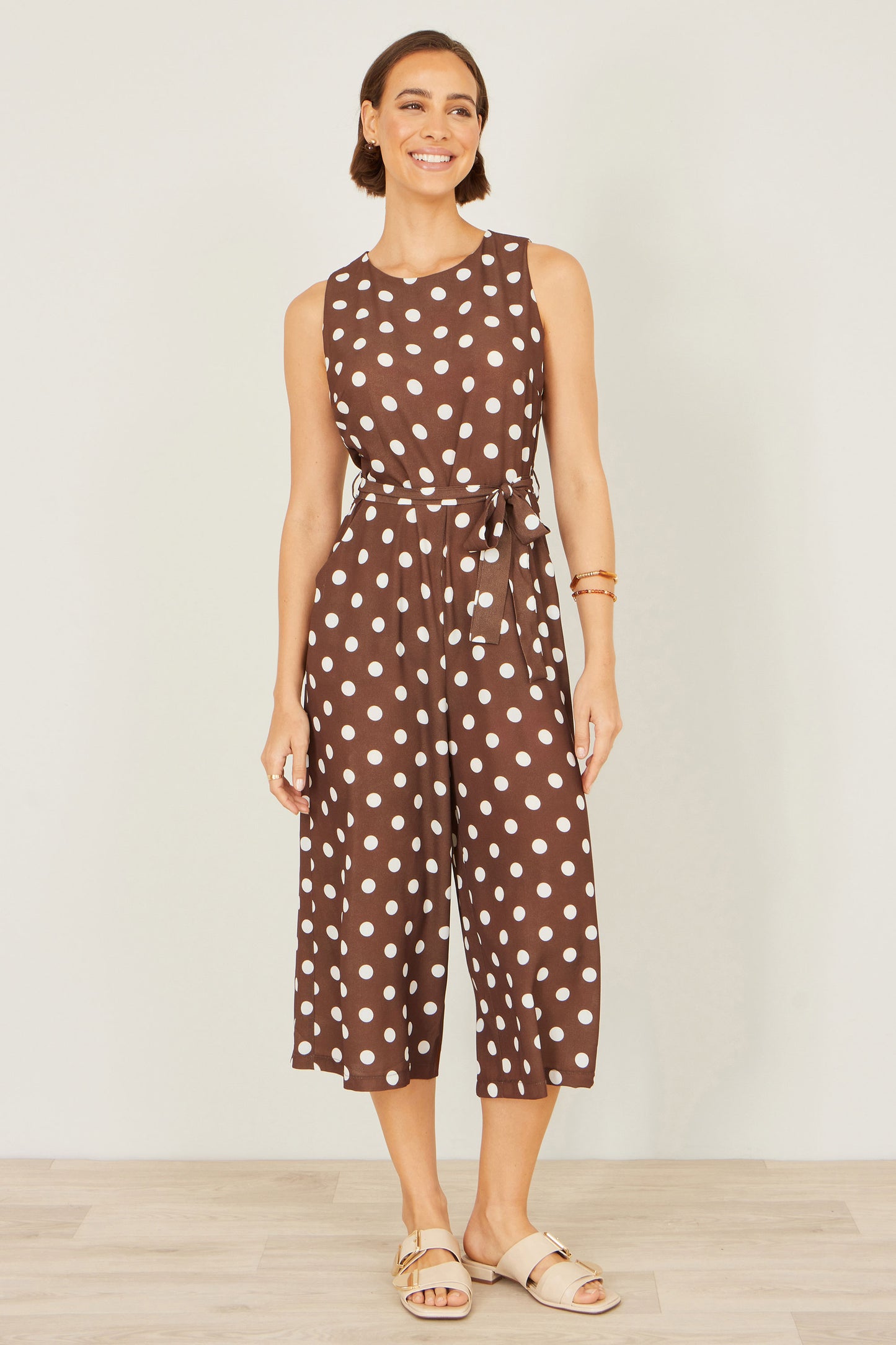Yumi Brown Polka Dot Culotte Jumpsuit JUMPSUIT Yumi