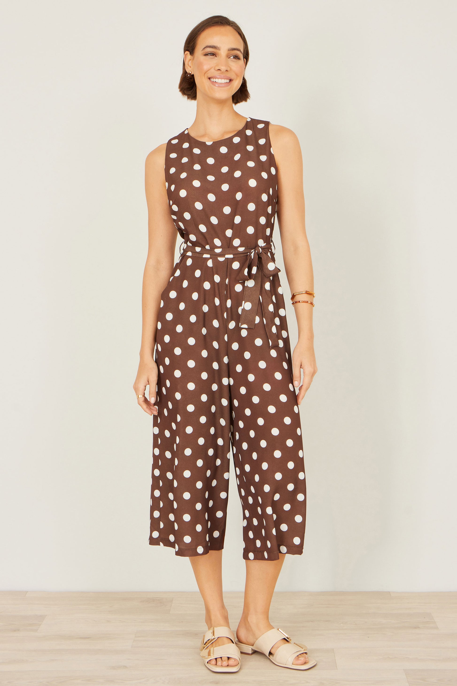 Yumi Brown Polka Dot Culotte Jumpsuit JUMPSUIT Yumi