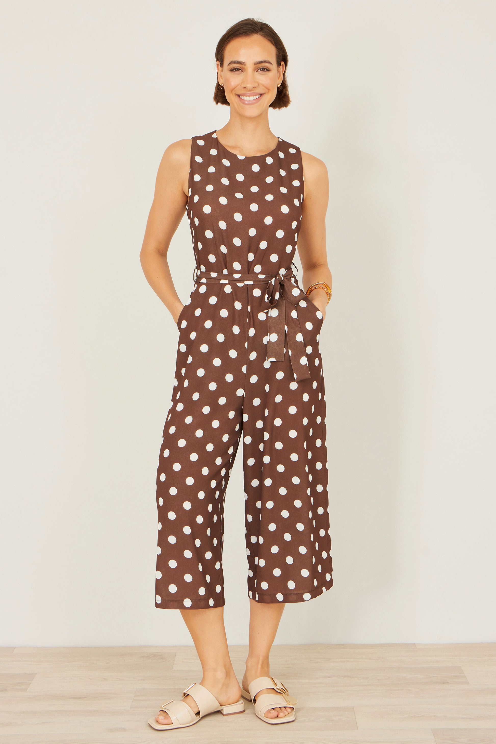 Yumi Brown Polka Dot Culotte Jumpsuit JUMPSUIT Yumi