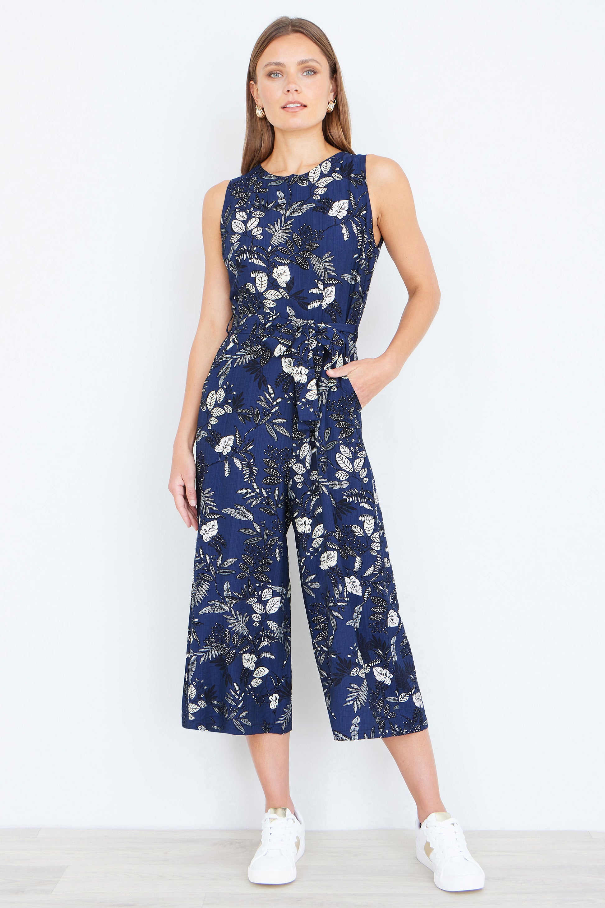 Yumi Navy Leaf Culotte Jumpsuit JUMPSUIT Yumi