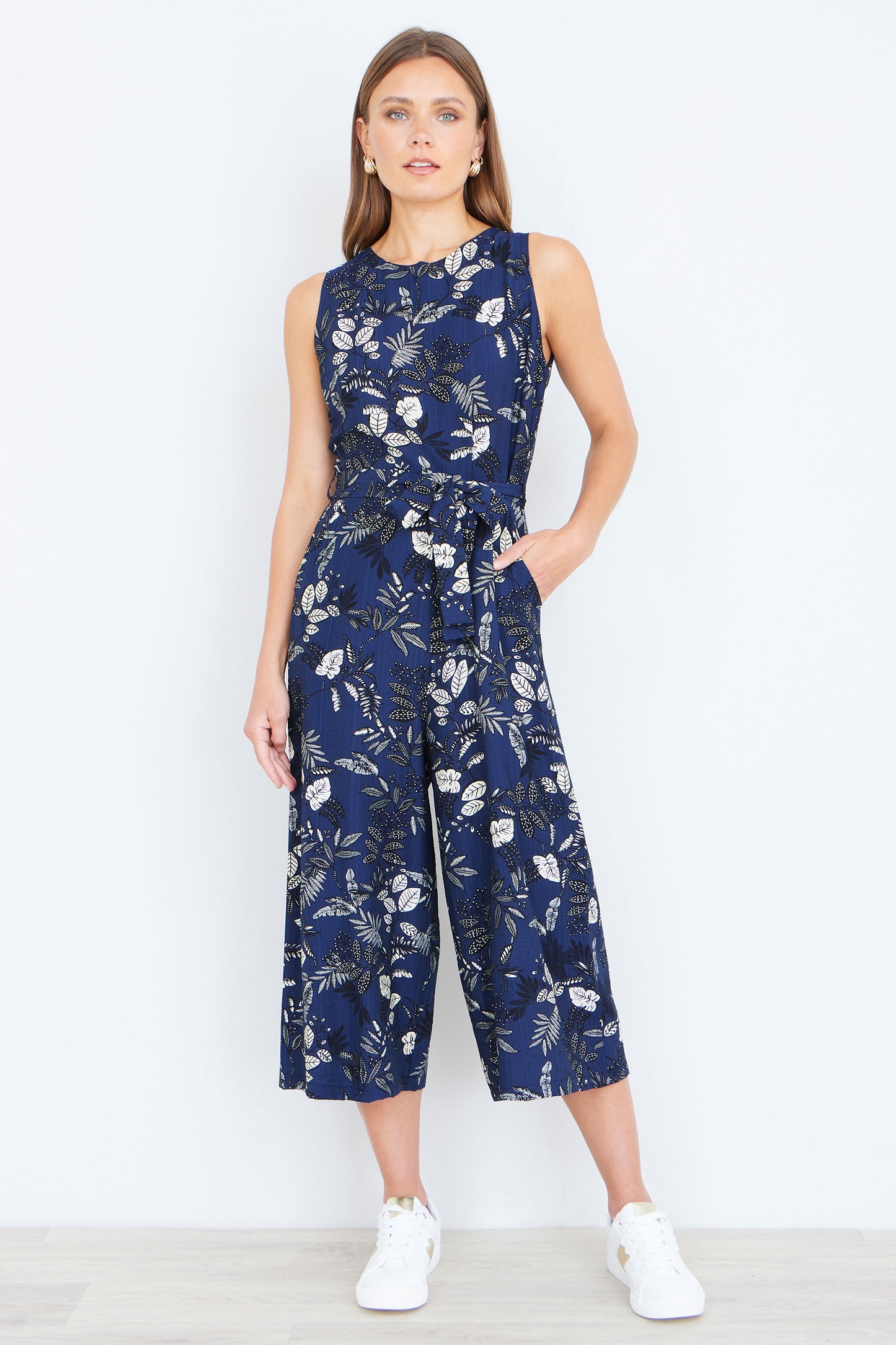 Yumi Navy Leaf Culotte Jumpsuit JUMPSUIT Yumi