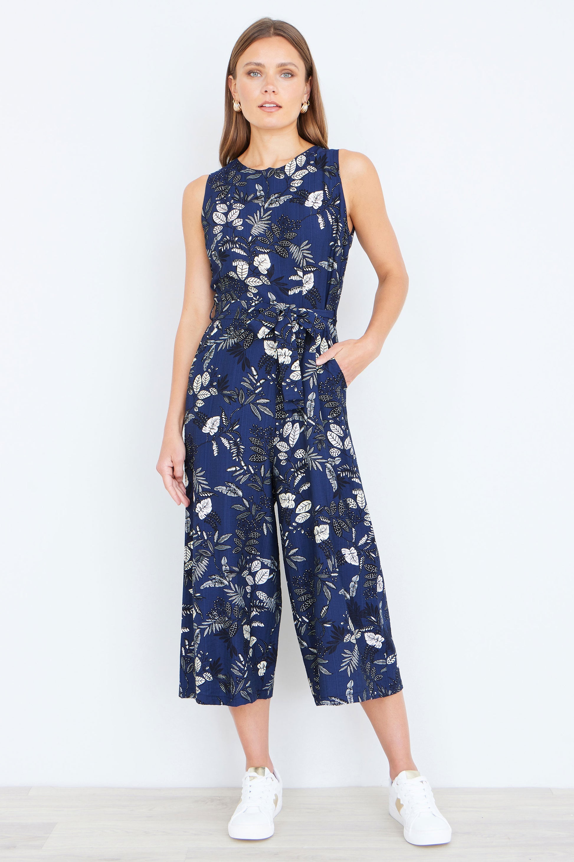 Yumi Navy Leaf Culotte Jumpsuit JUMPSUIT Yumi