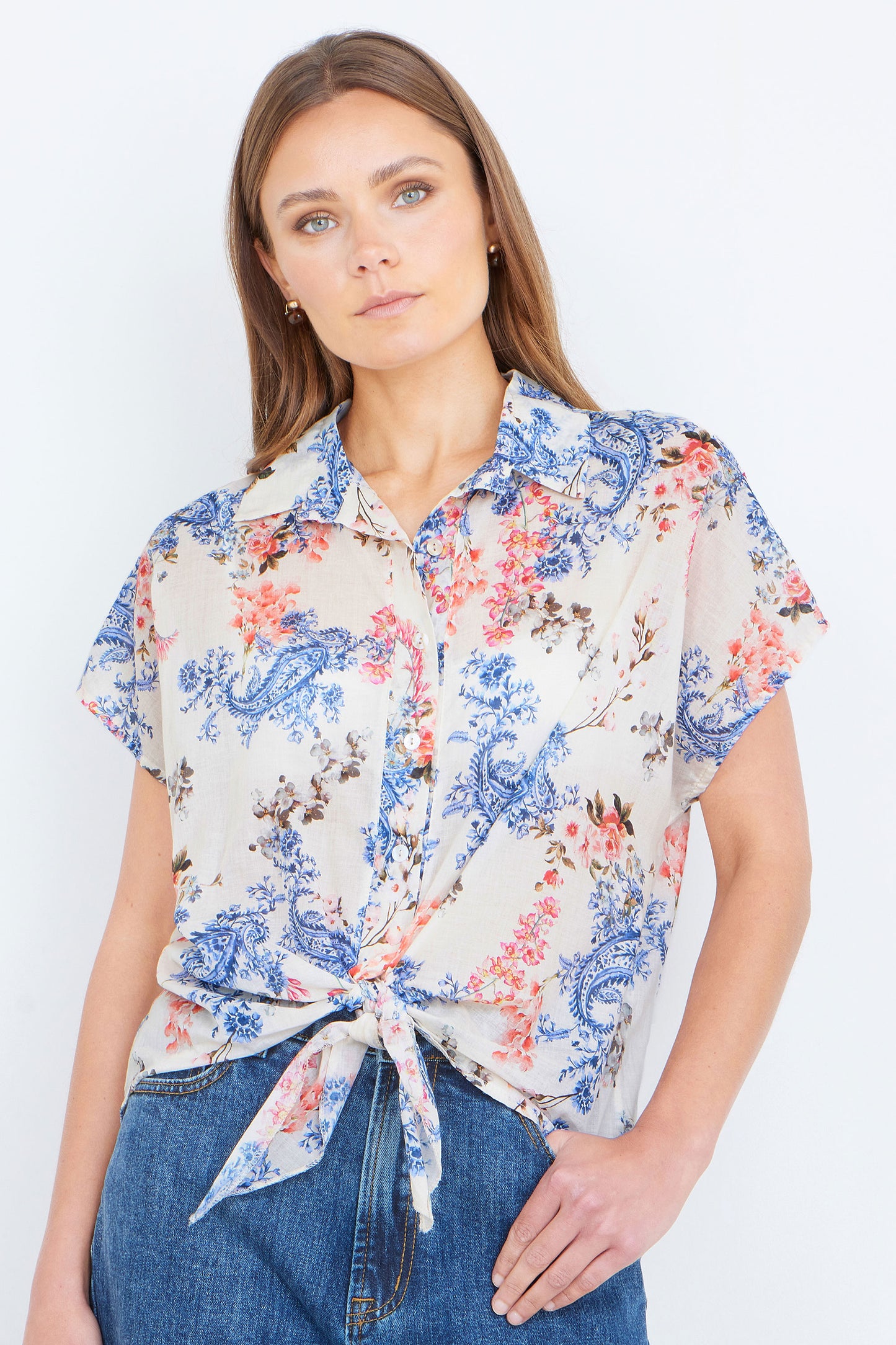 Yumi White Cotton Paisley Print Tie Knot Shirt SHIRT Yumi