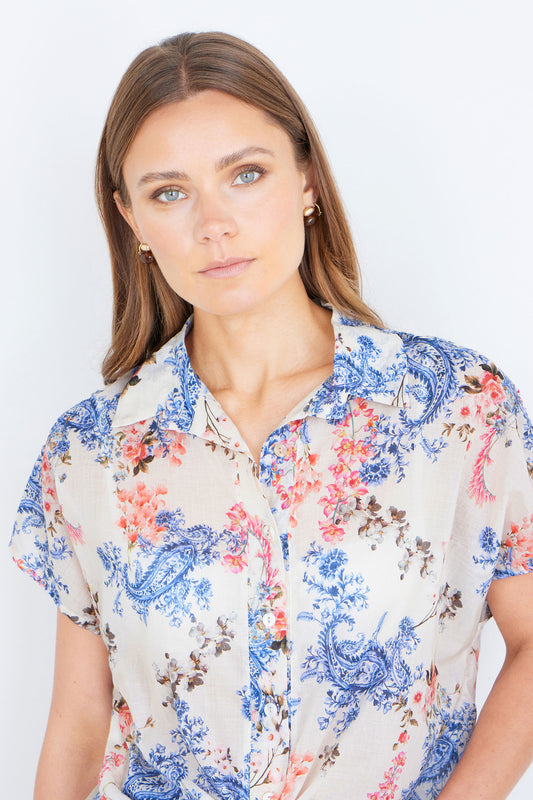 Yumi White Cotton Paisley Print Tie Knot Shirt SHIRT Yumi