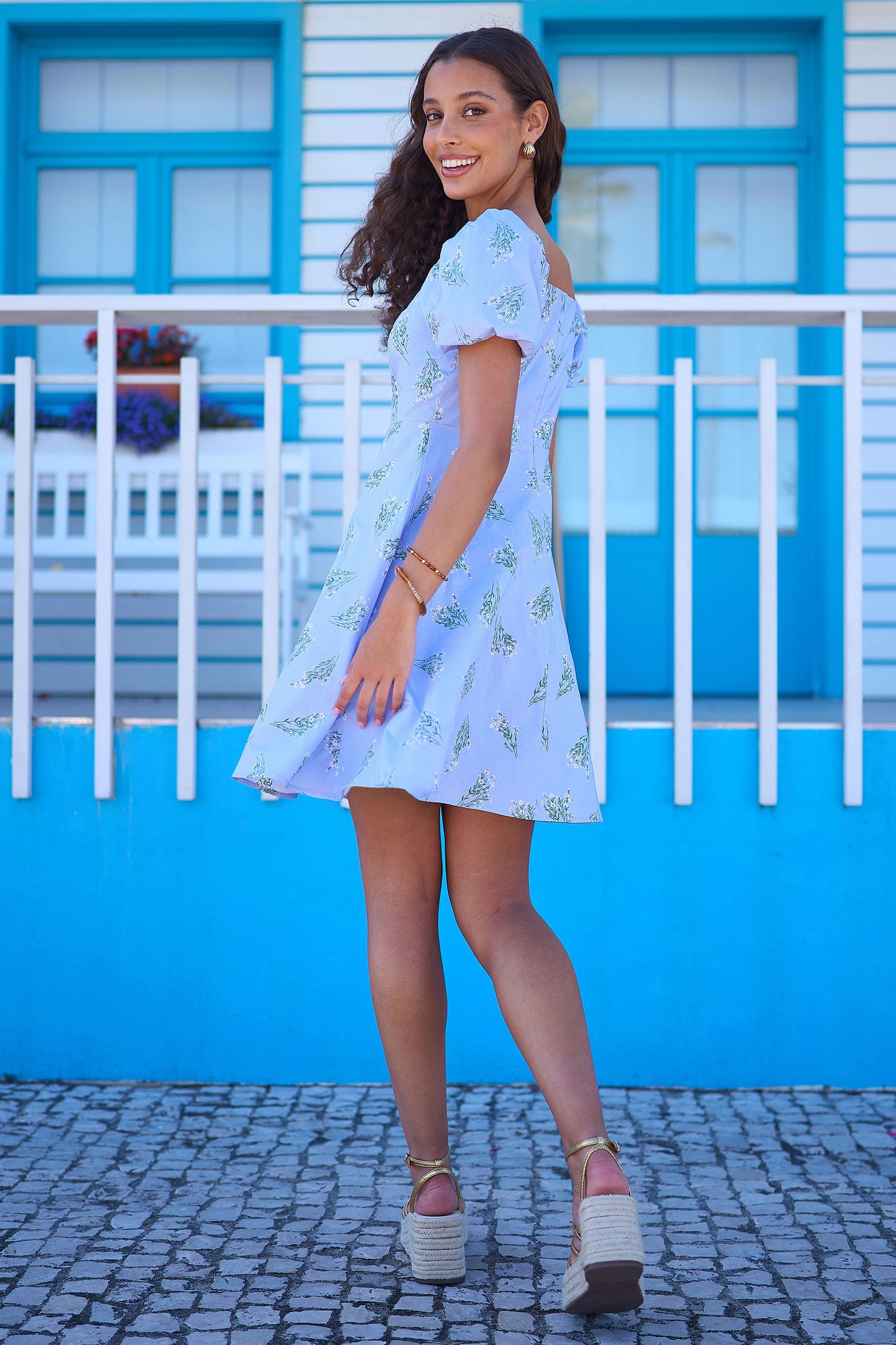 Yumi Blue Cotton Floral Puff Sleeve Skater Dress Dress Casual Yumi