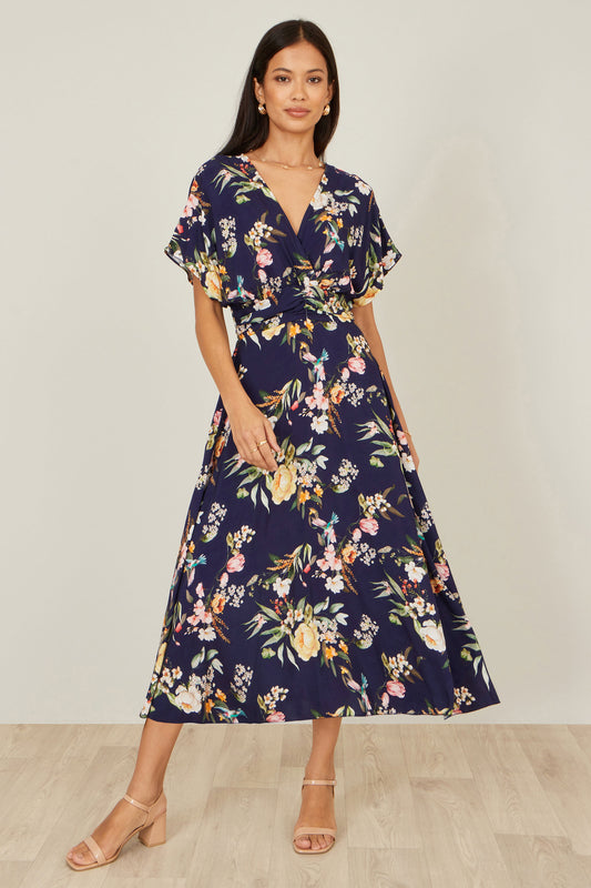 Yumi Navy Viscose Floral Print Midi Dress With Ruched Waist