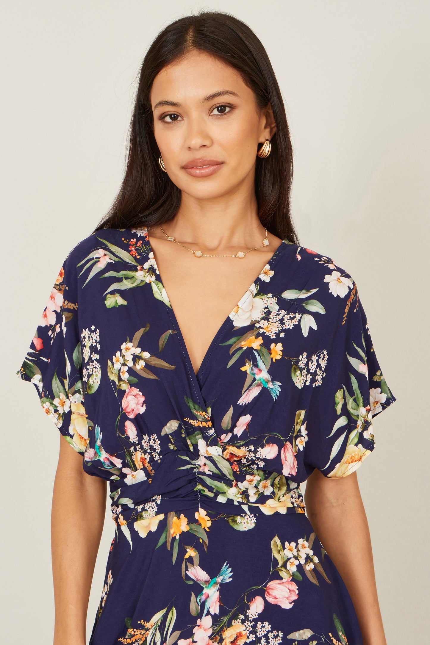 Yumi Navy Viscose Floral Print Midi Dress With Ruched Waist