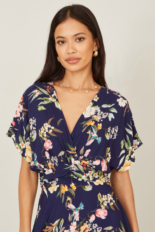 Yumi Navy Viscose Floral Print Midi Dress With Ruched Waist
