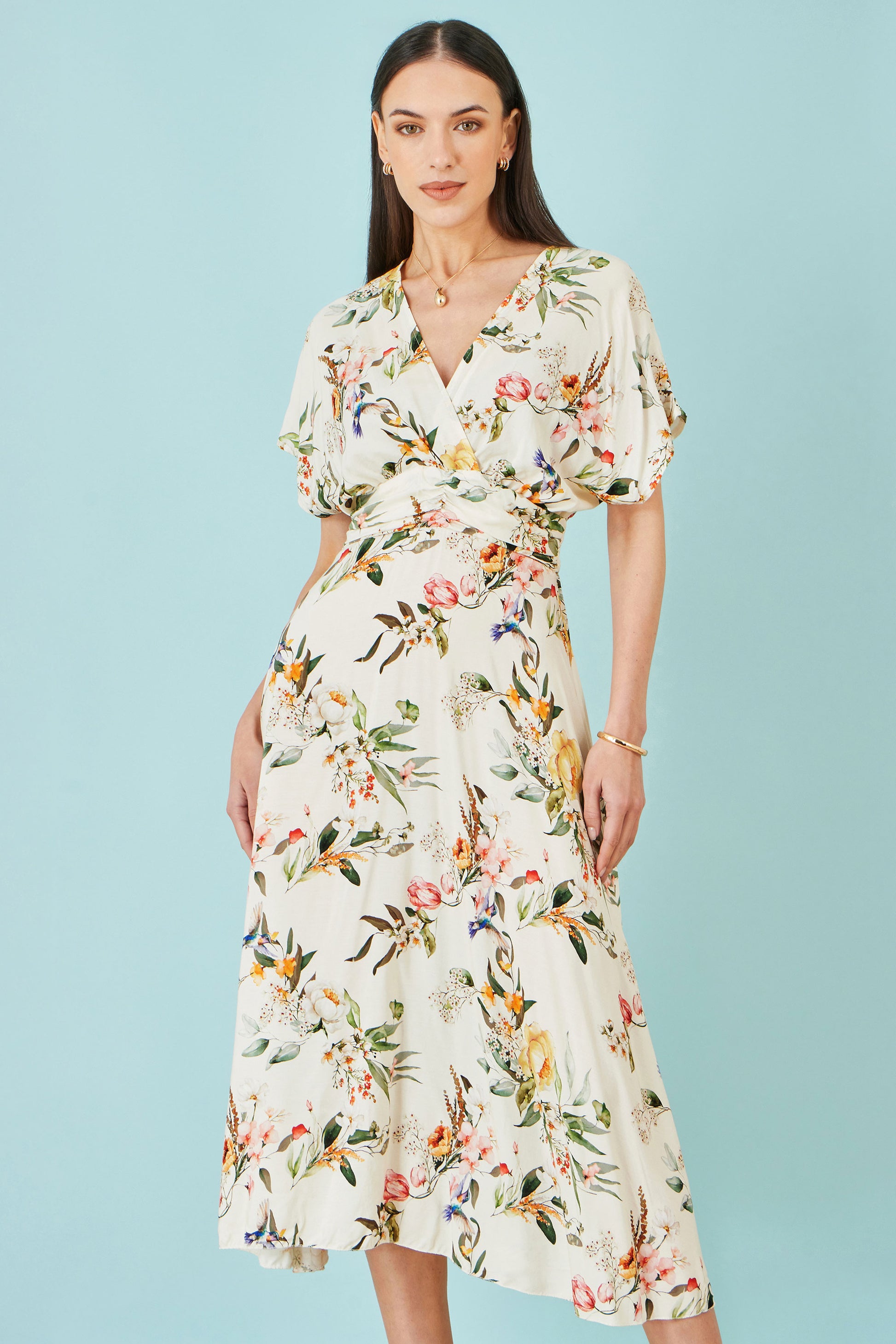 Yumi Ivory Viscose Floral Print Midi Dress With Ruched Waist Dress Casual Yumi