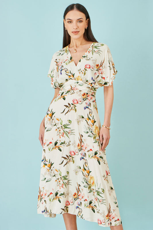 Yumi Ivory Viscose Floral Print Midi Dress With Ruched Waist Dress Casual Yumi