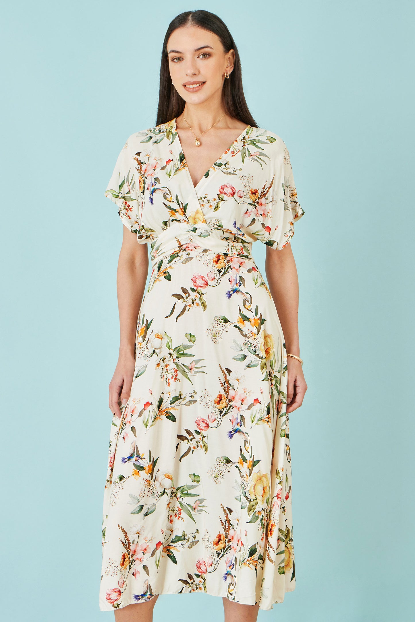 Yumi Ivory Viscose Floral Print Midi Dress With Ruched Waist Dress Casual Yumi