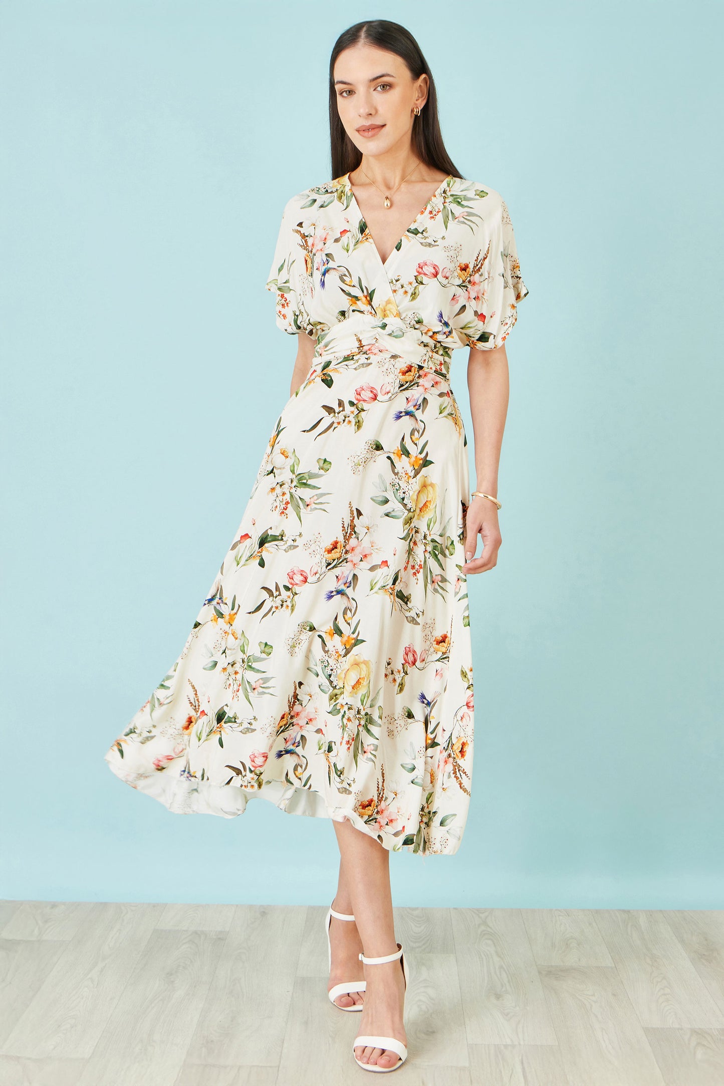 Yumi Ivory Viscose Floral Print Midi Dress With Ruched Waist Dress Casual Yumi