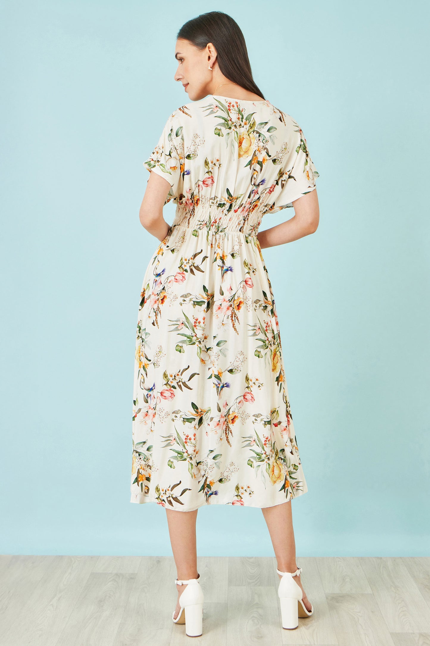 Yumi Ivory Viscose Floral Print Midi Dress With Ruched Waist Dress Casual Yumi