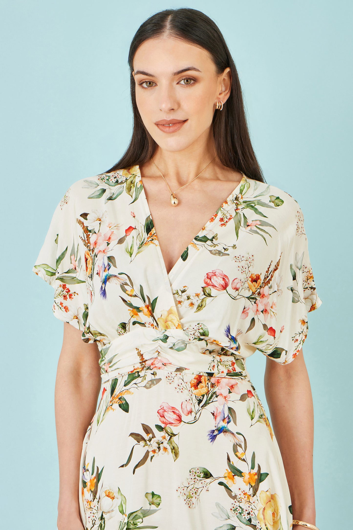 Yumi Ivory Viscose Floral Print Midi Dress With Ruched Waist Dress Casual Yumi