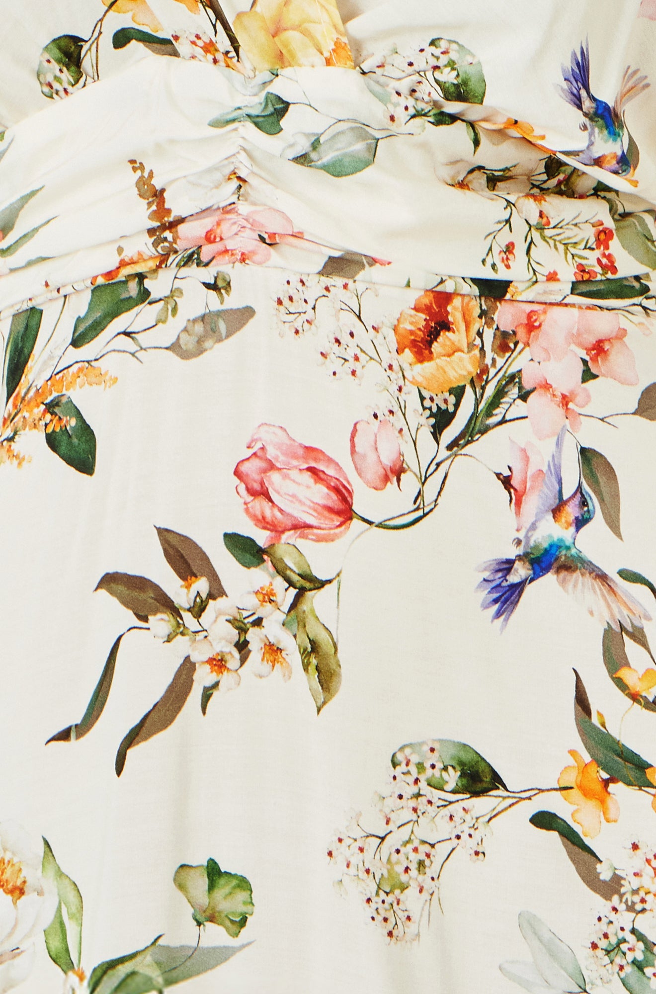 Yumi Ivory Viscose Floral Print Midi Dress With Ruched Waist Dress Casual Yumi