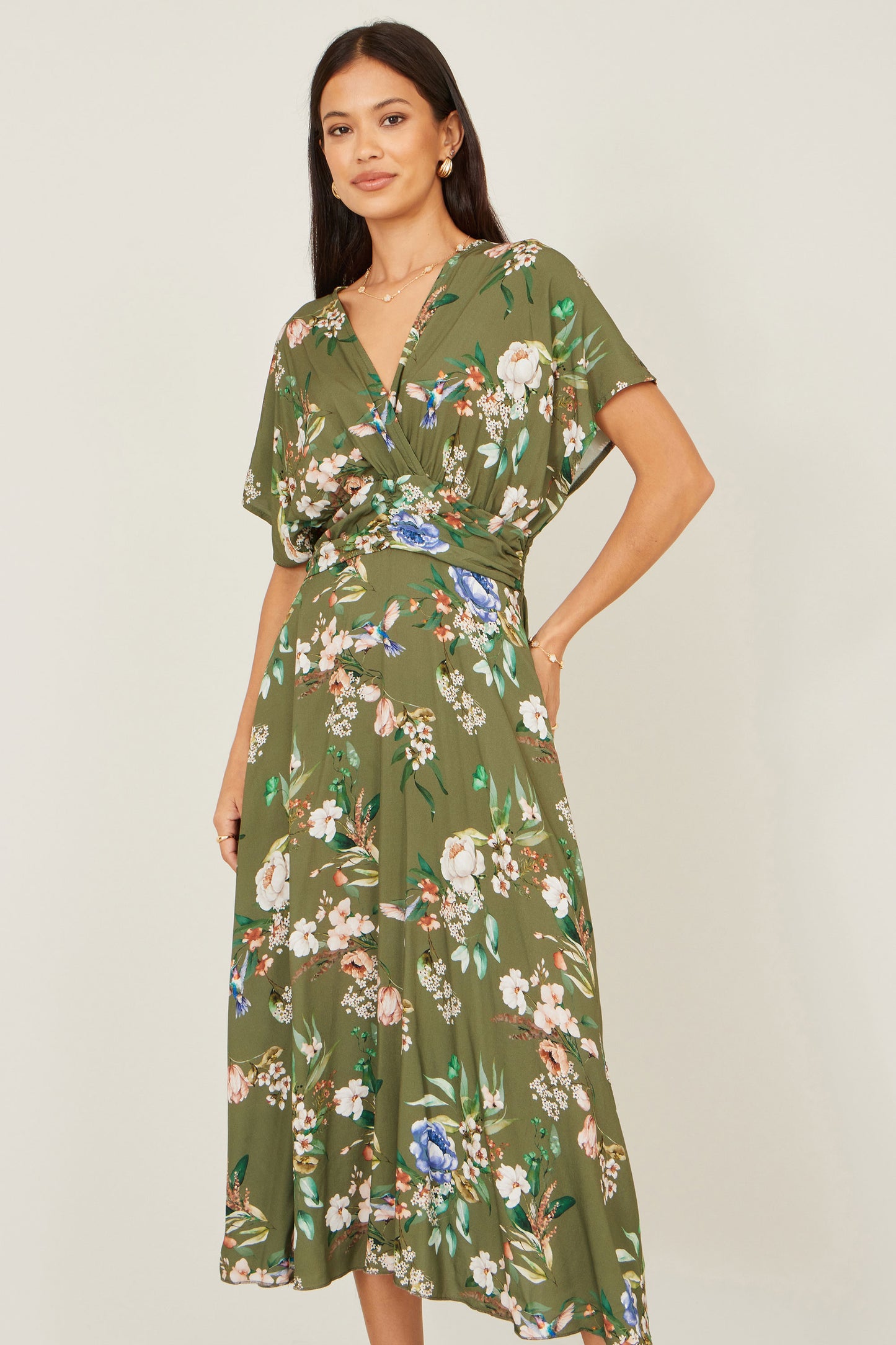 Yumi Sage Green Viscose Floral Print Midi Dress With Ruched Waist Dress Casual Yumi
