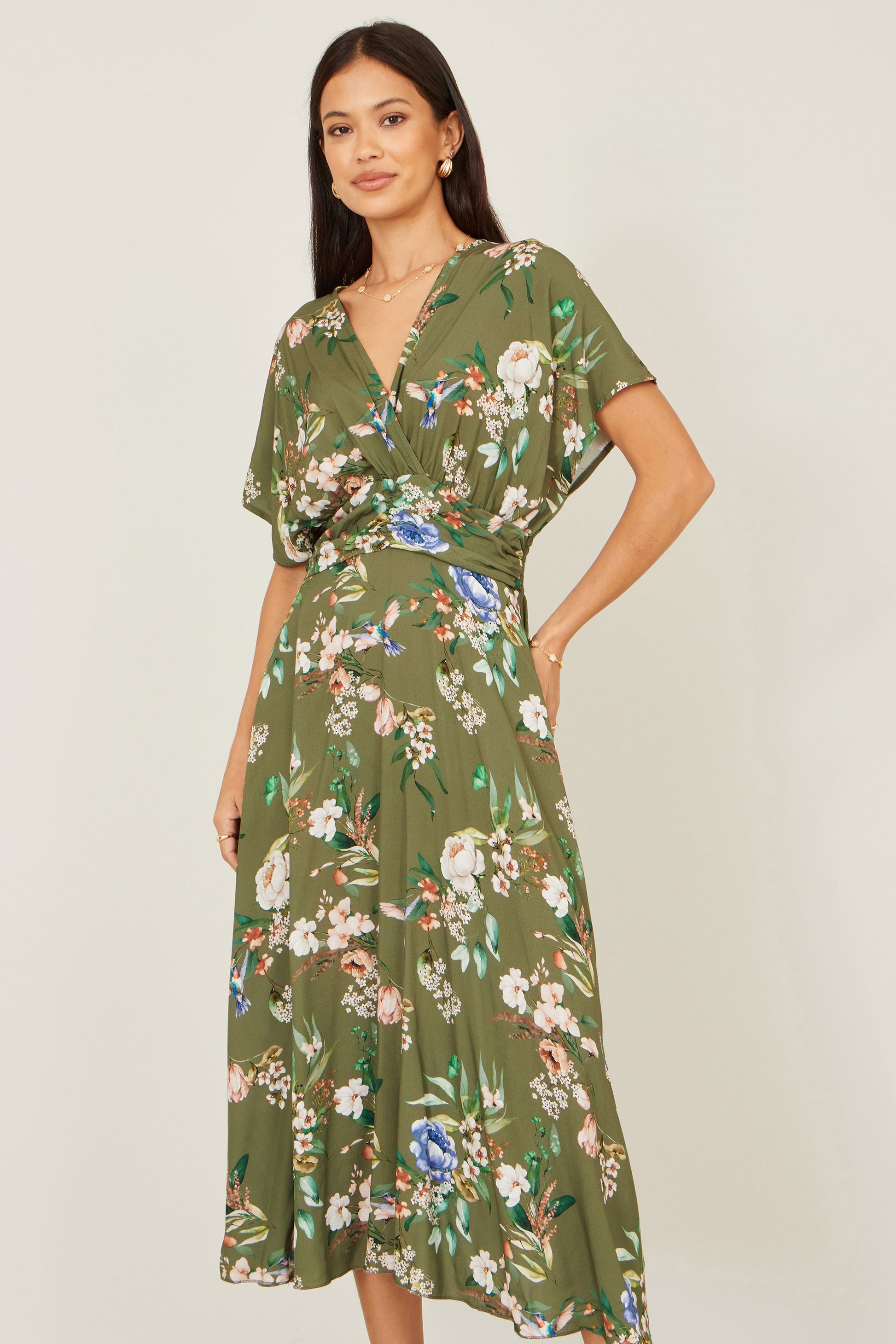 Yumi Sage Green Viscose Floral Print Midi Dress With Ruched Waist Dress Casual Yumi