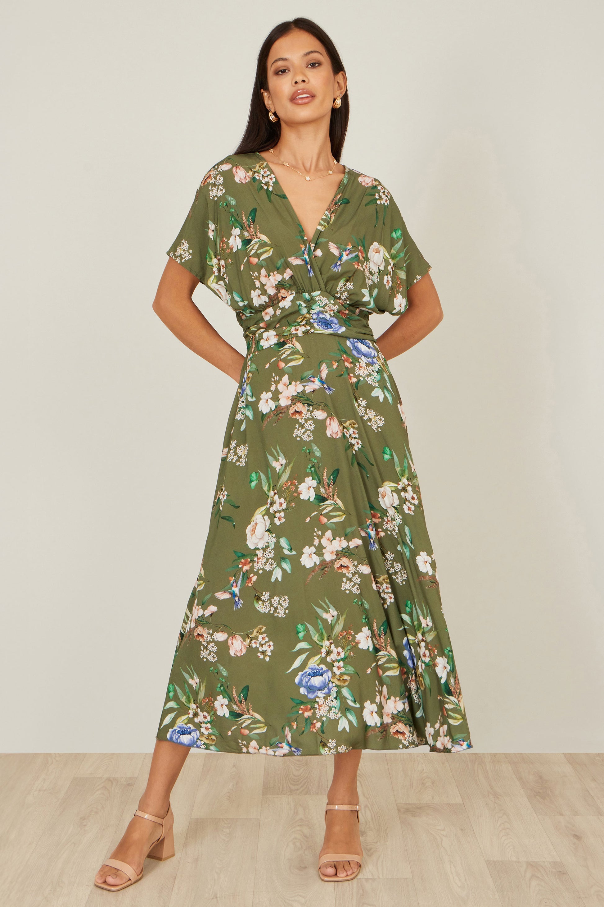 Yumi Sage Green Viscose Floral Print Midi Dress With Ruched Waist Dress Casual Yumi