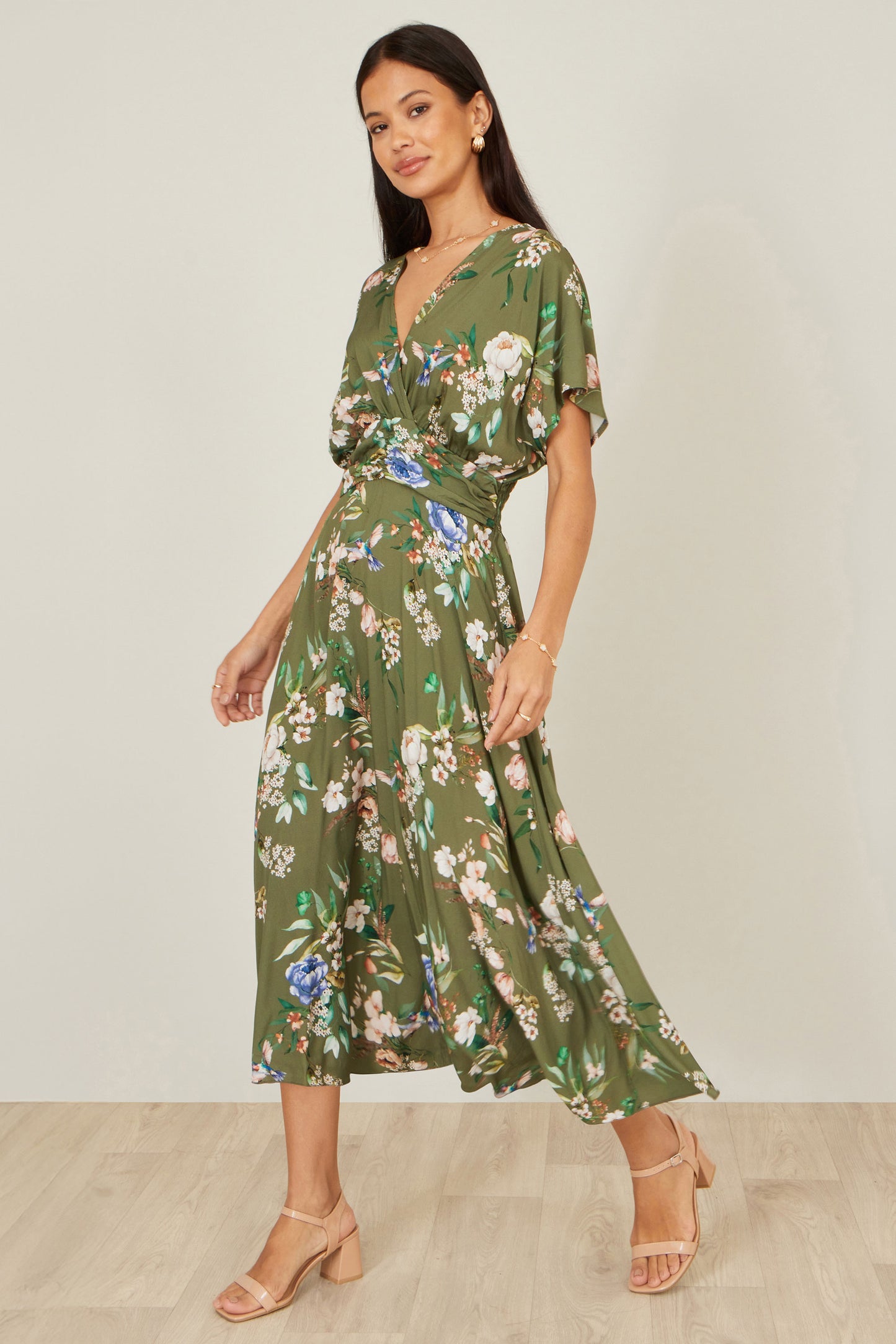 Yumi Sage Green Viscose Floral Print Midi Dress With Ruched Waist Dress Casual Yumi