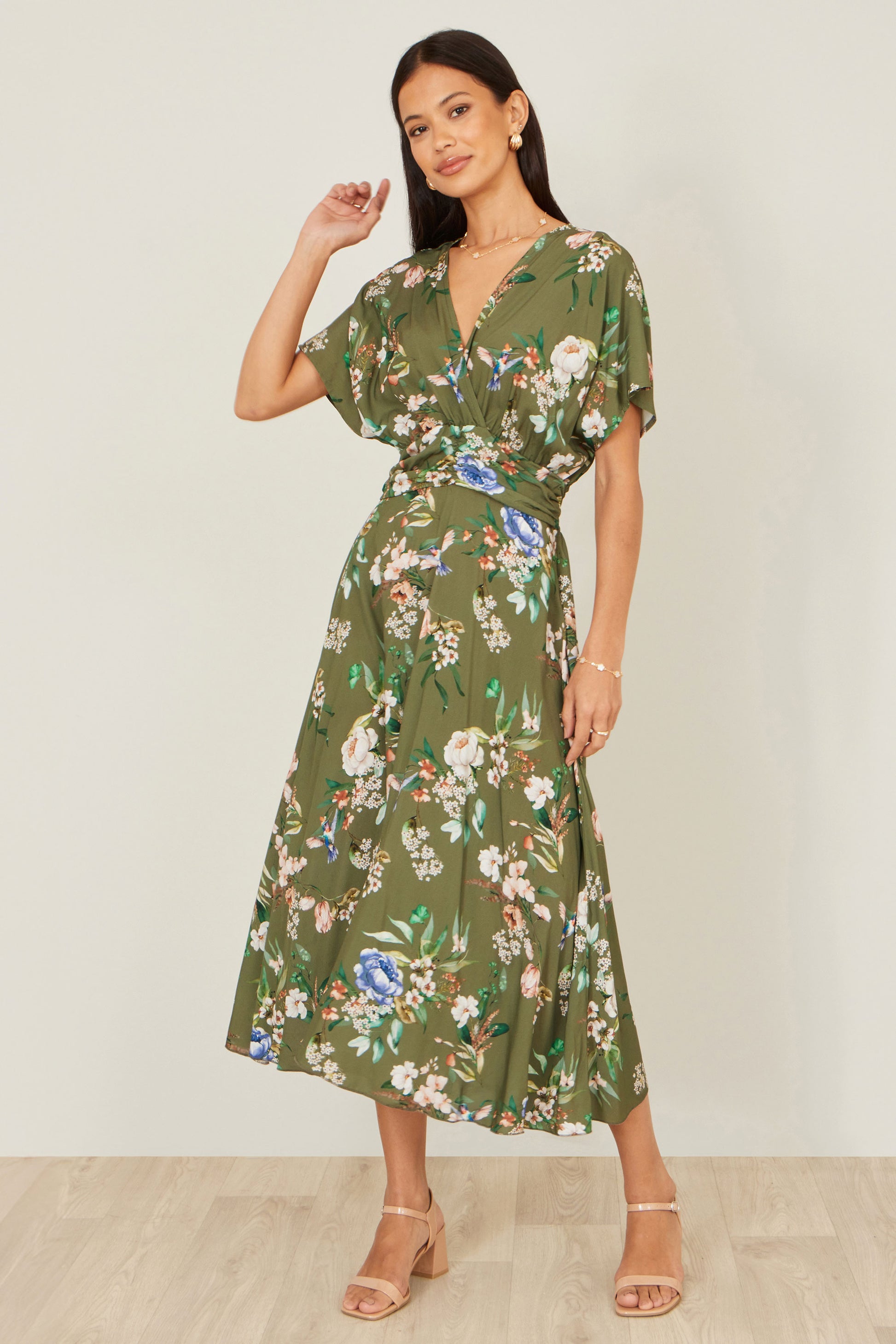 Yumi Sage Green Viscose Floral Print Midi Dress With Ruched Waist Dress Casual Yumi
