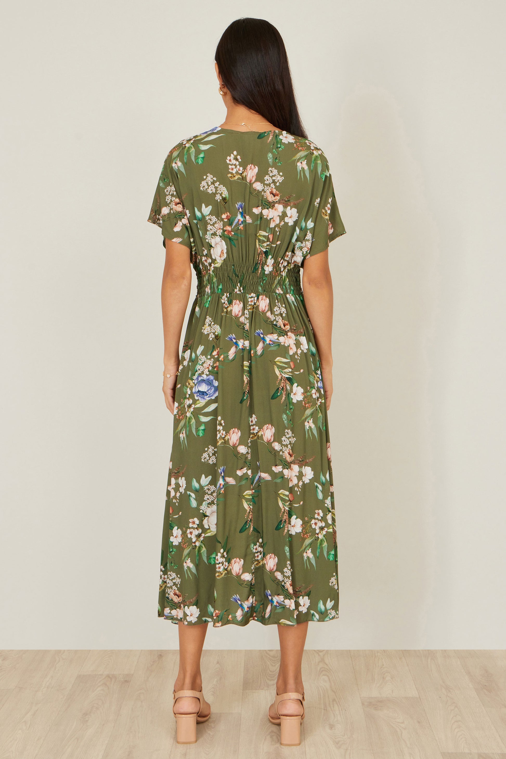 Yumi Sage Green Viscose Floral Print Midi Dress With Ruched Waist Dress Casual Yumi