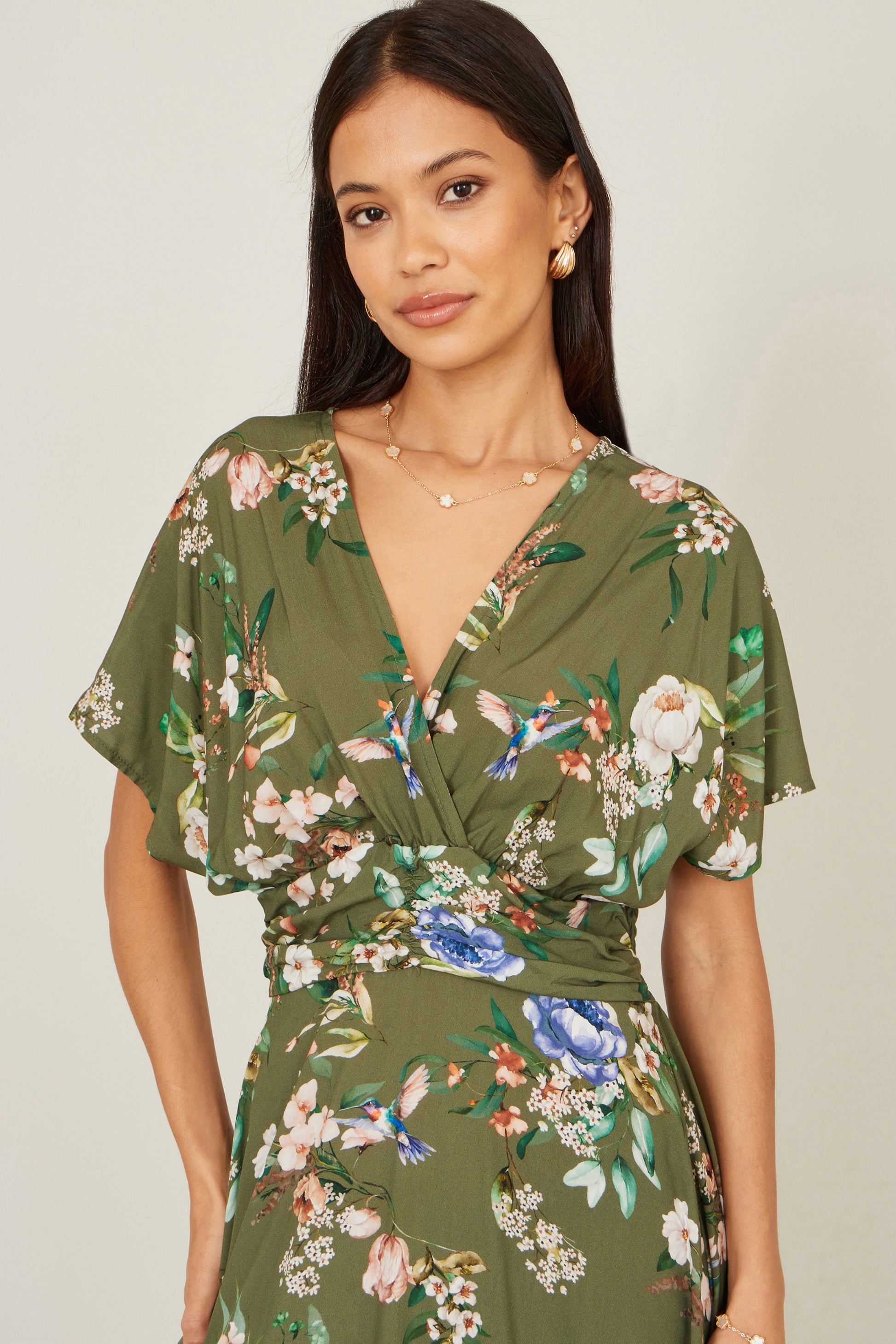 Yumi Sage Green Viscose Floral Print Midi Dress With Ruched Waist Dress Casual Yumi