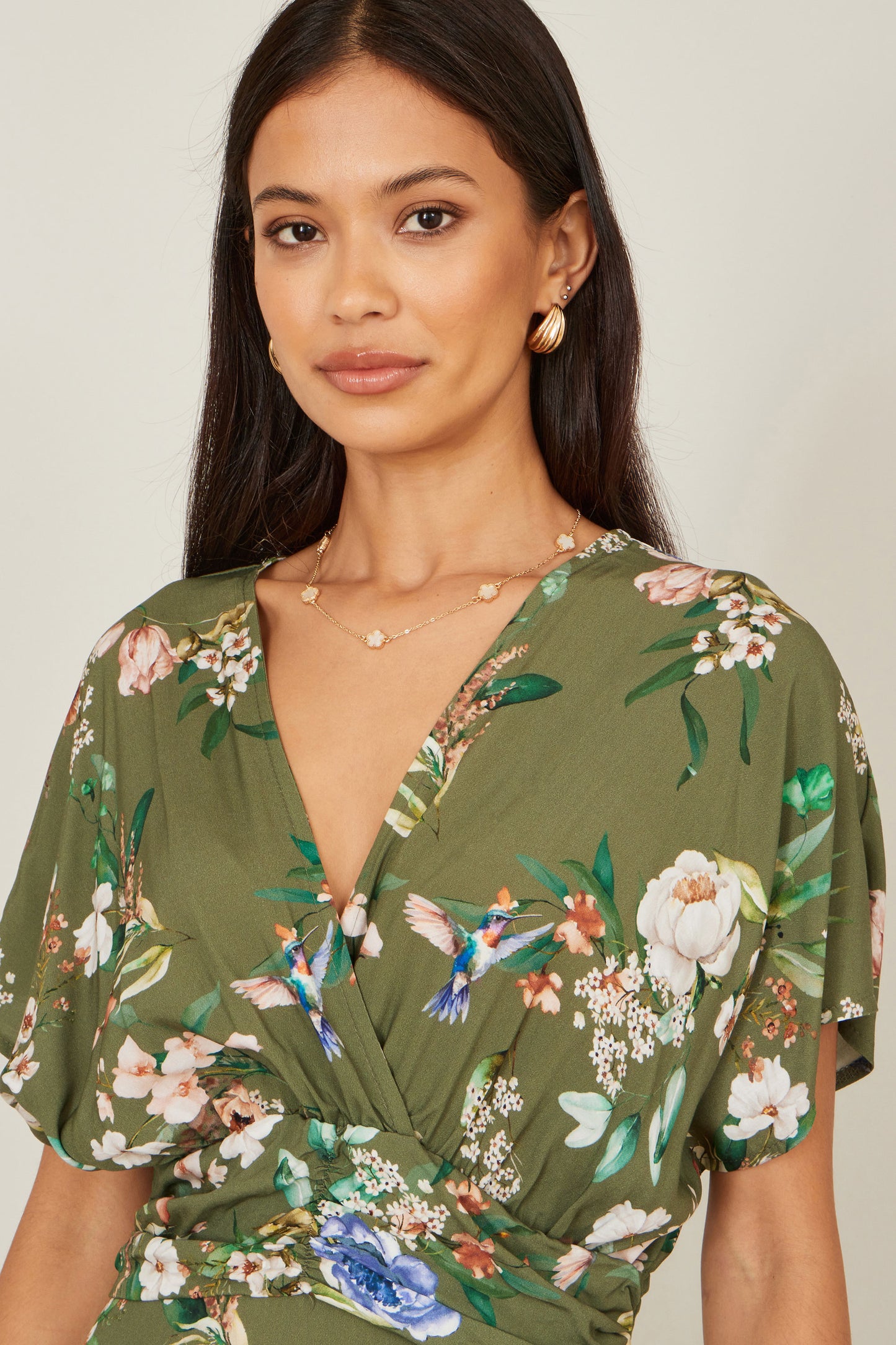 Yumi Sage Green Viscose Floral Print Midi Dress With Ruched Waist Dress Casual Yumi