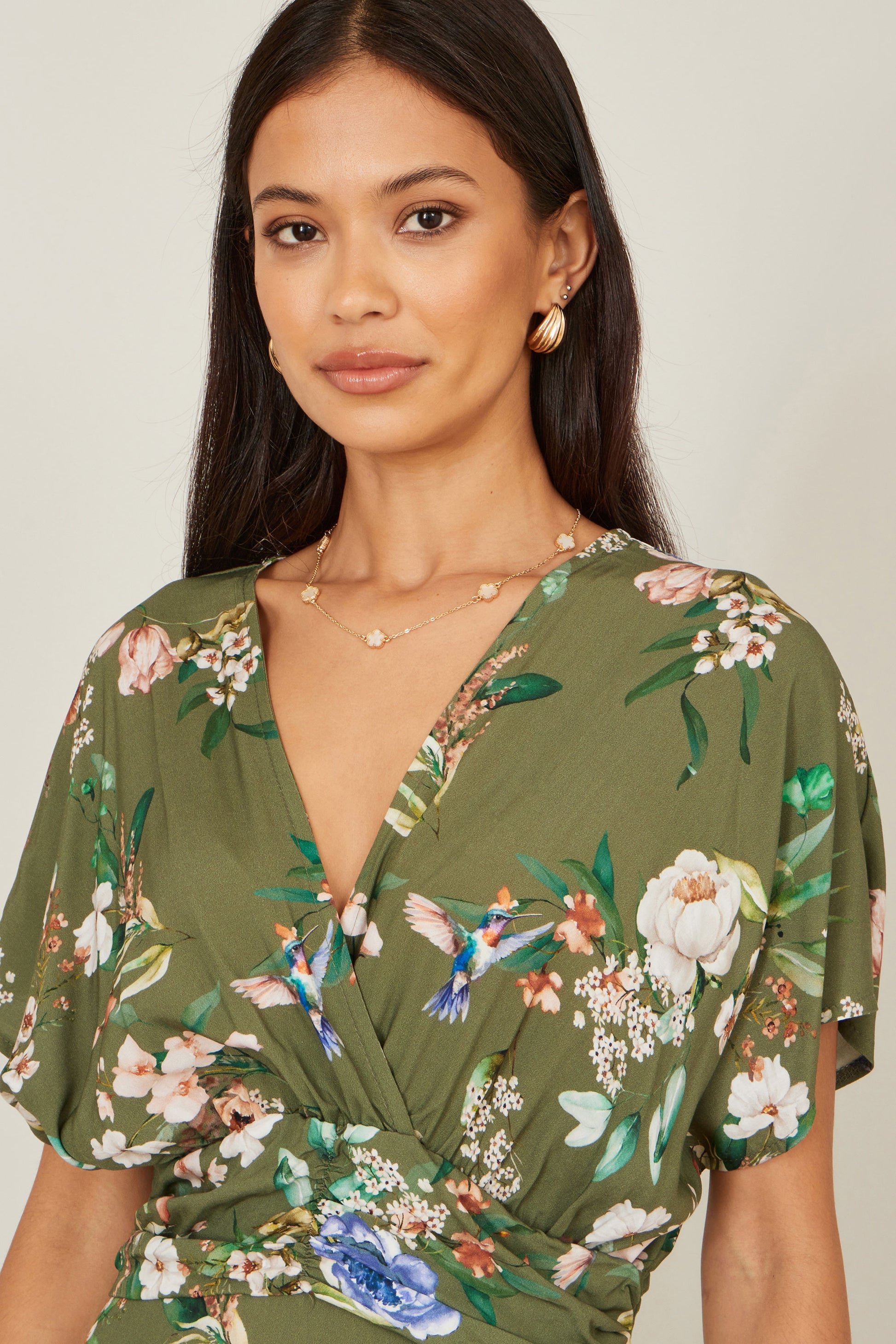 Yumi Sage Green Viscose Floral Print Midi Dress With Ruched Waist Dress Casual Yumi