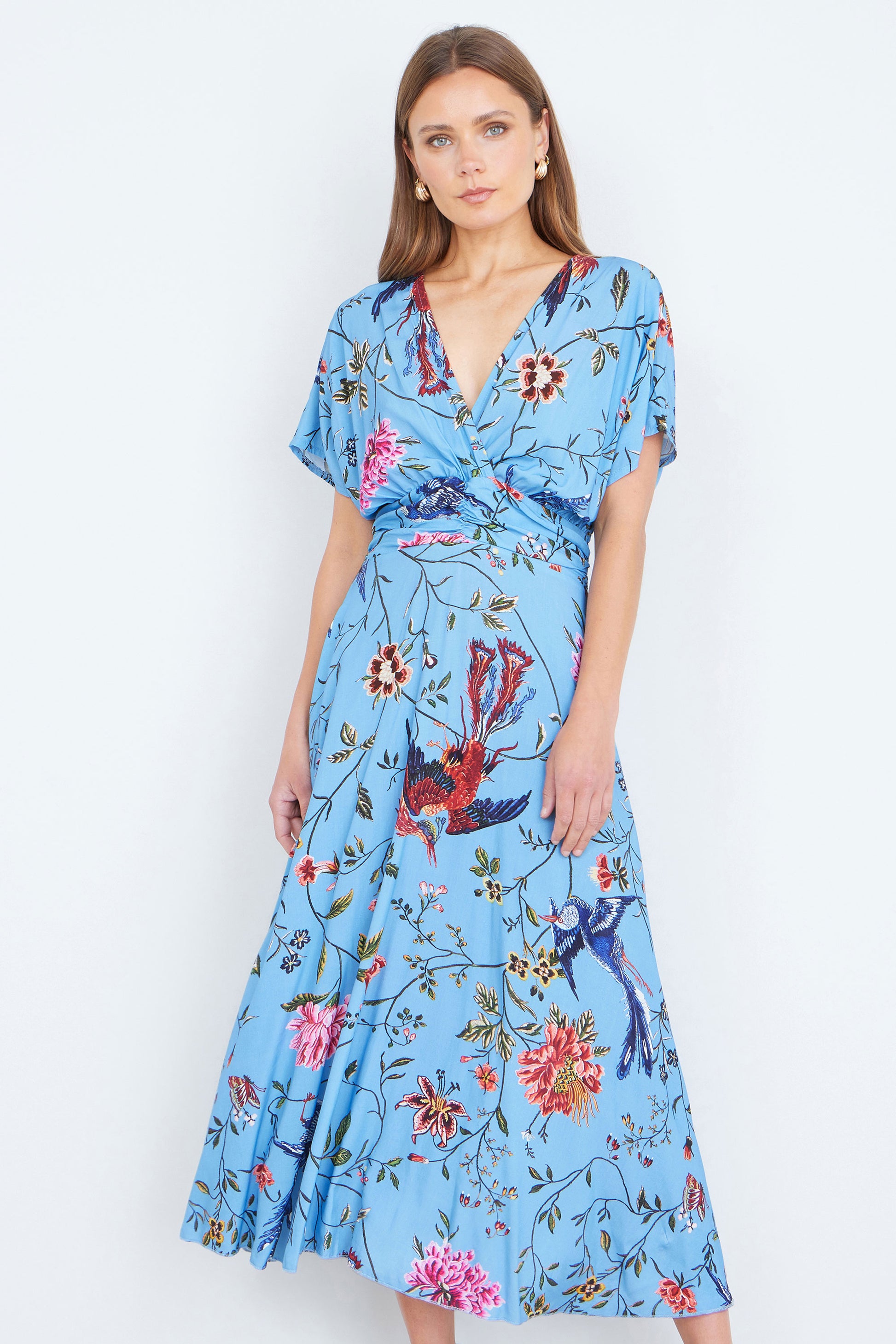 Yumi Blue Viscose Bird And Floral Print Midi Dress With Ruched Waist Dress Casual Yumi
