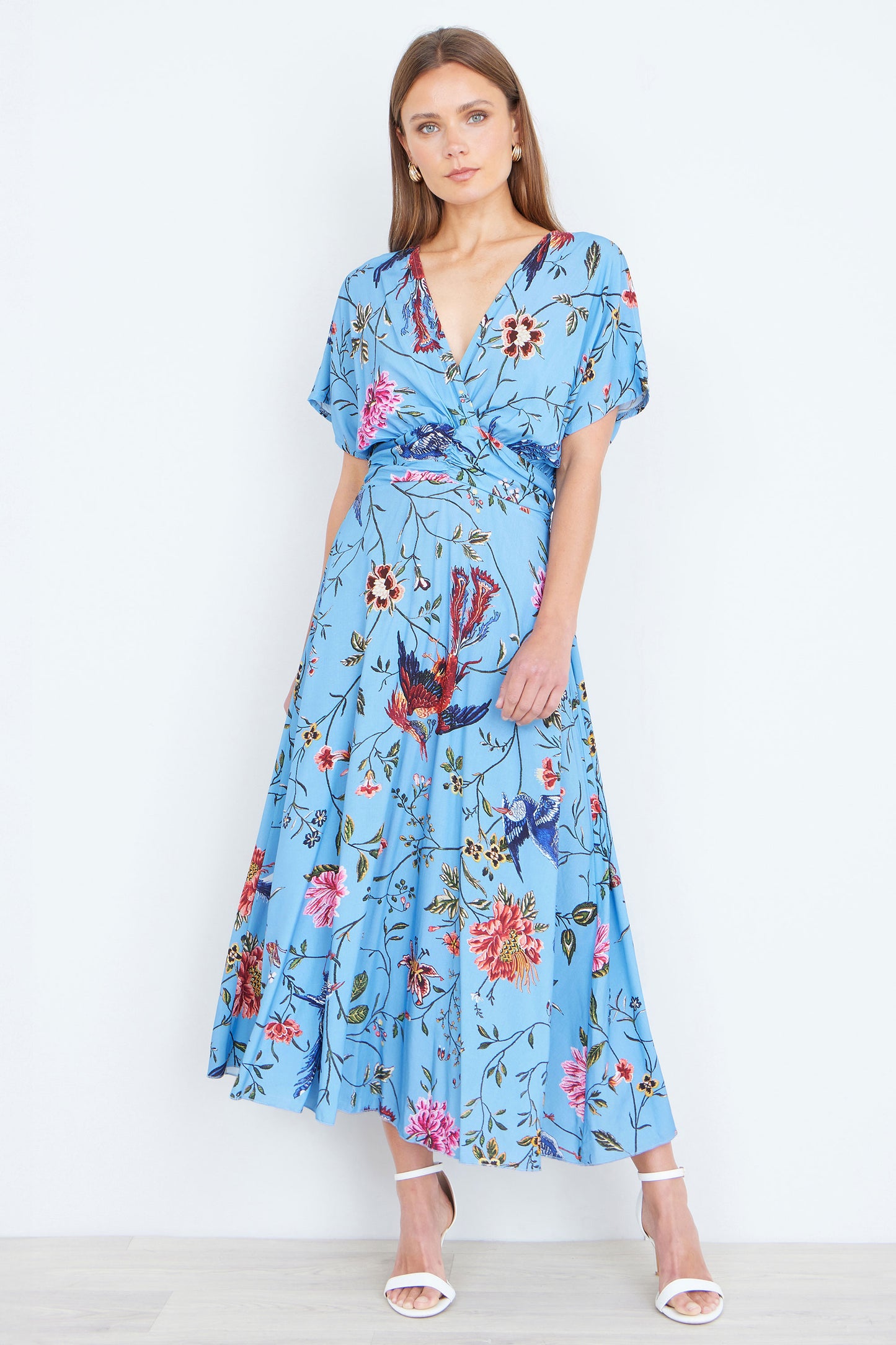 Yumi Blue Viscose Bird And Floral Print Midi Dress With Ruched Waist Dress Casual Yumi