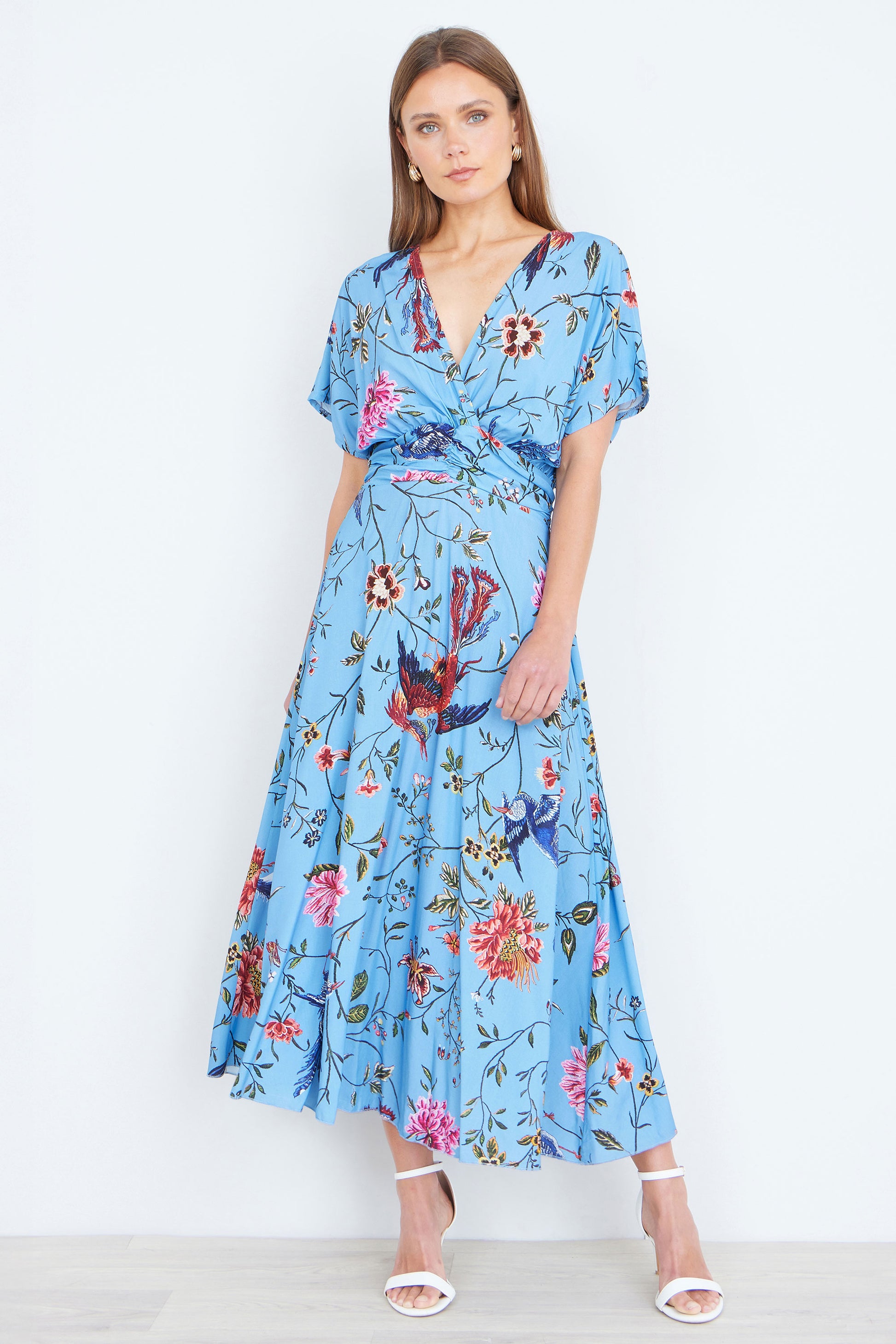 Yumi Blue Viscose Bird And Floral Print Midi Dress With Ruched Waist Dress Casual Yumi