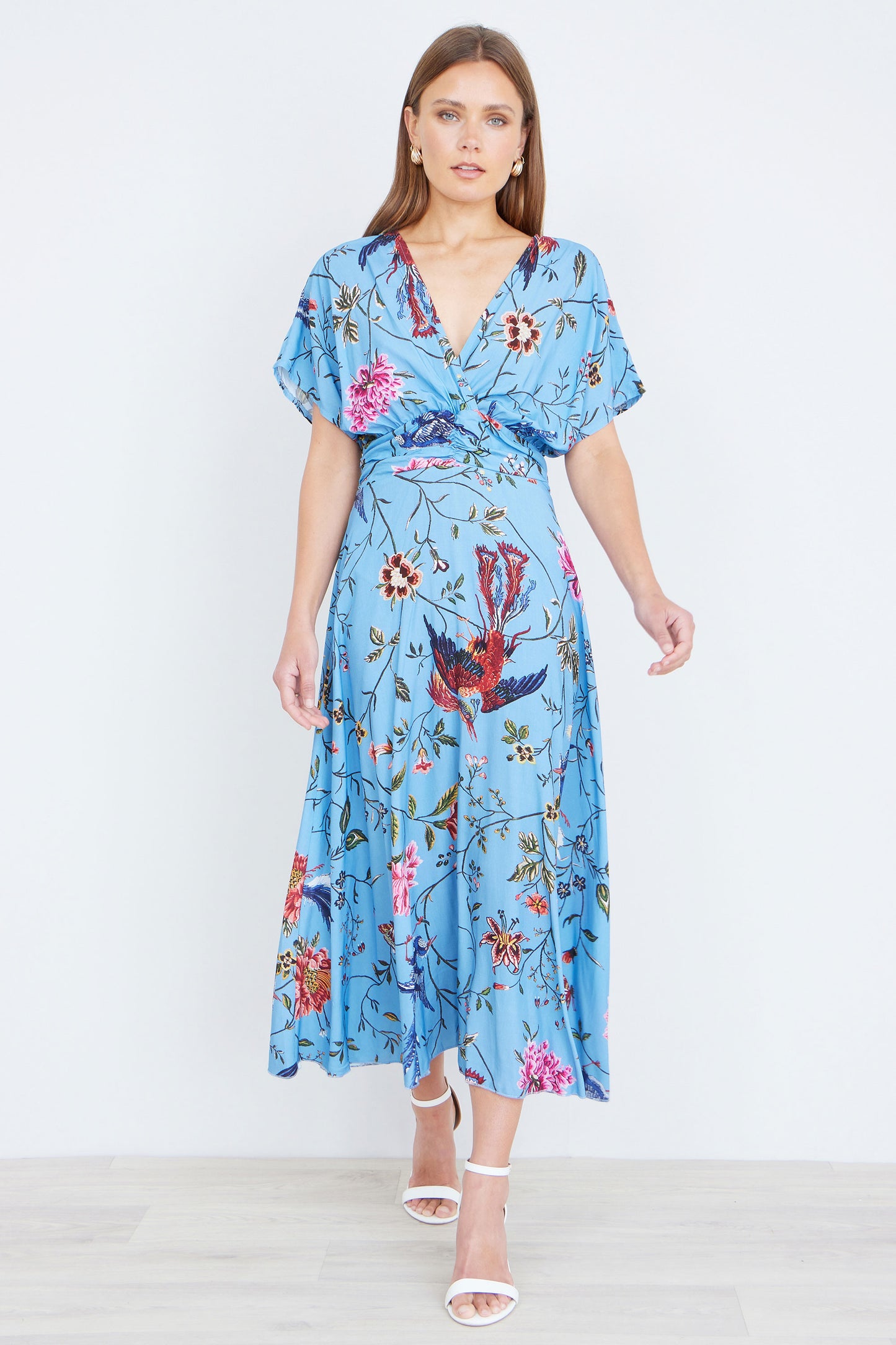 Yumi Blue Viscose Bird And Floral Print Midi Dress With Ruched Waist Dress Casual Yumi