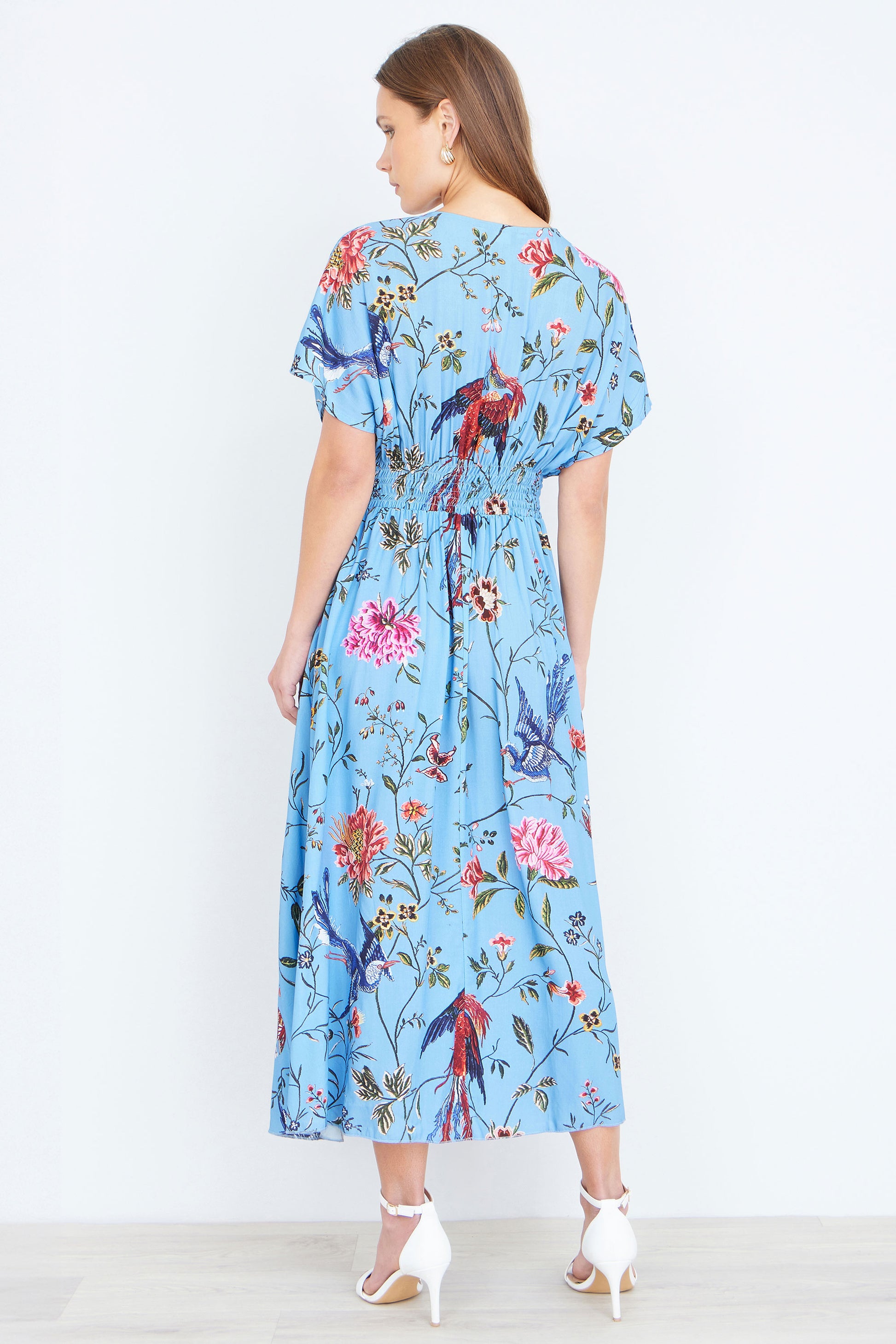 Yumi Blue Viscose Bird And Floral Print Midi Dress With Ruched Waist Dress Casual Yumi