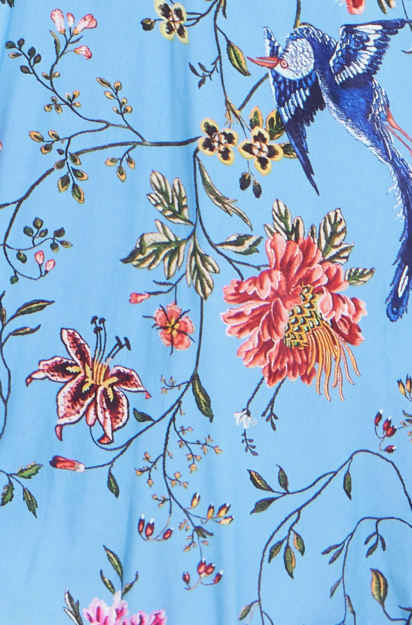 Yumi Blue Viscose Bird And Floral Print Midi Dress With Ruched Waist Dress Casual Yumi