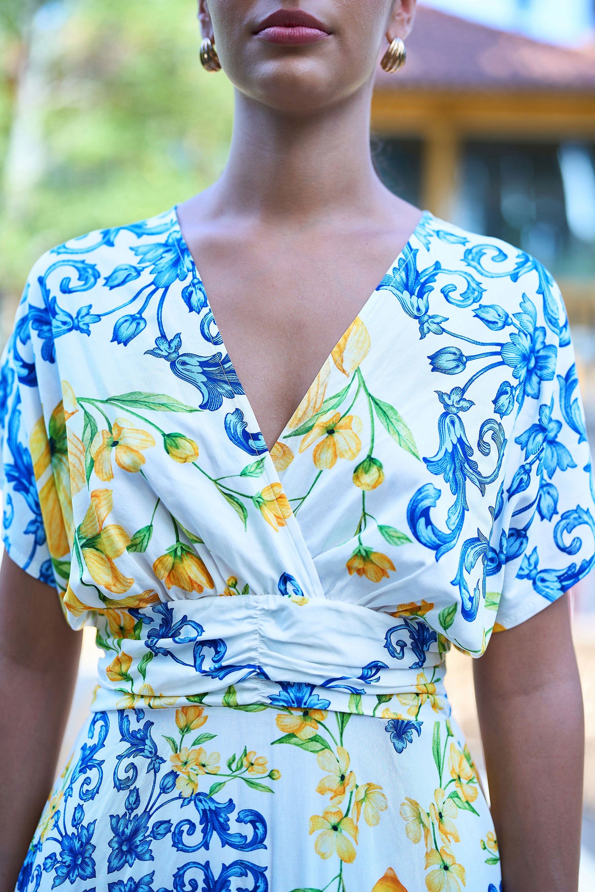 Yumi White Lemon Print Viscose Ruched Waist Midi Dress Dress Casual Yumi