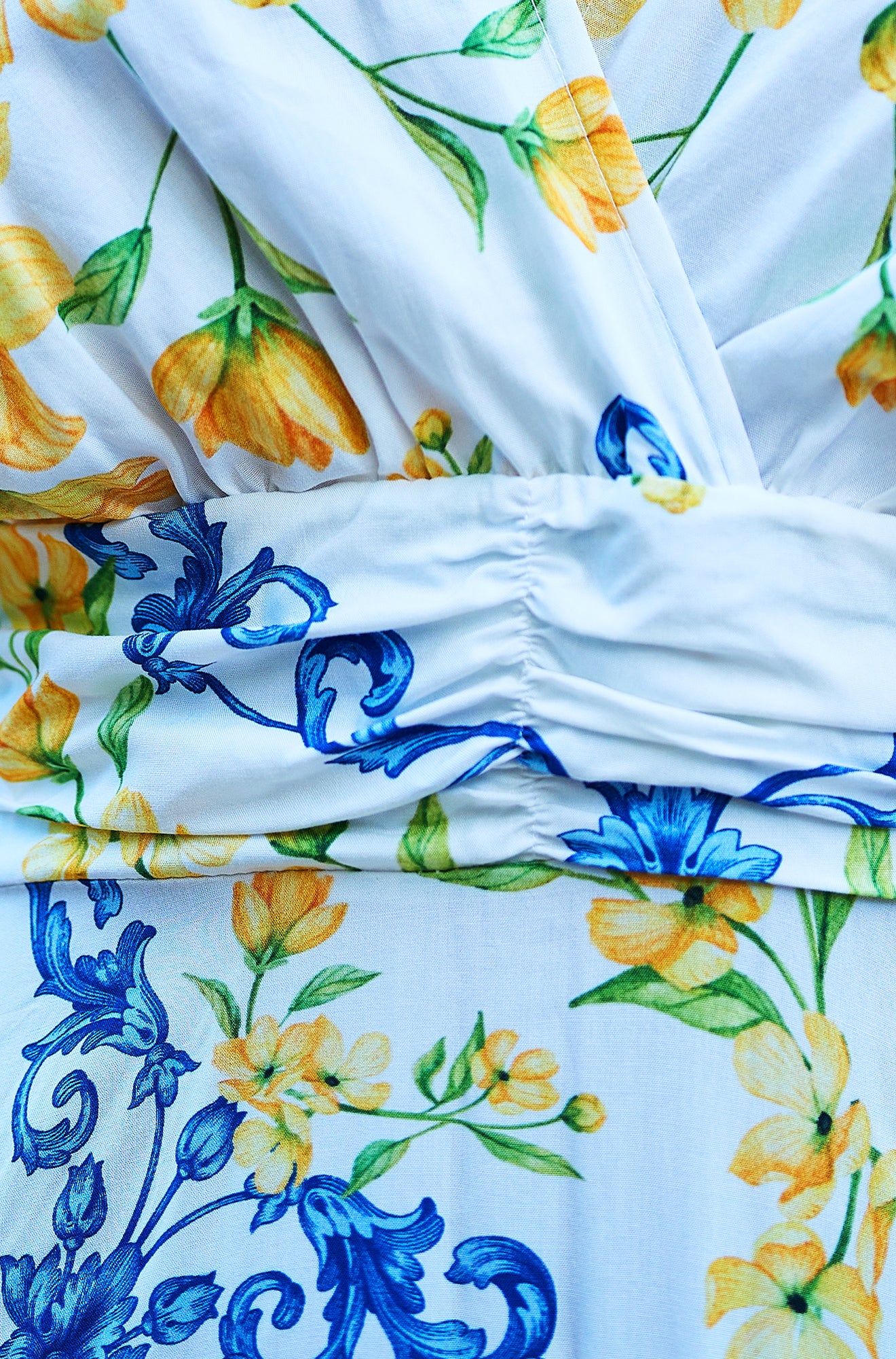 Yumi White Lemon Print Viscose Ruched Waist Midi Dress Dress Casual Yumi