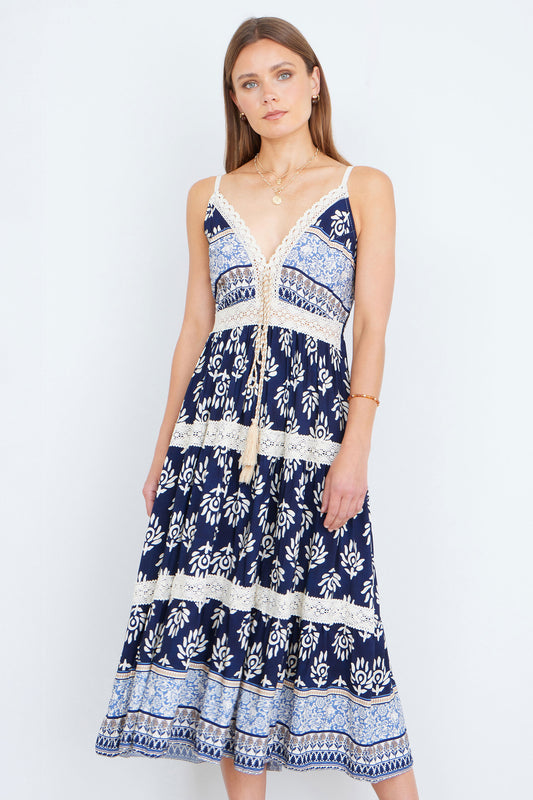 Yumi Navy Viscose Paisley Print Midi Sun Dress