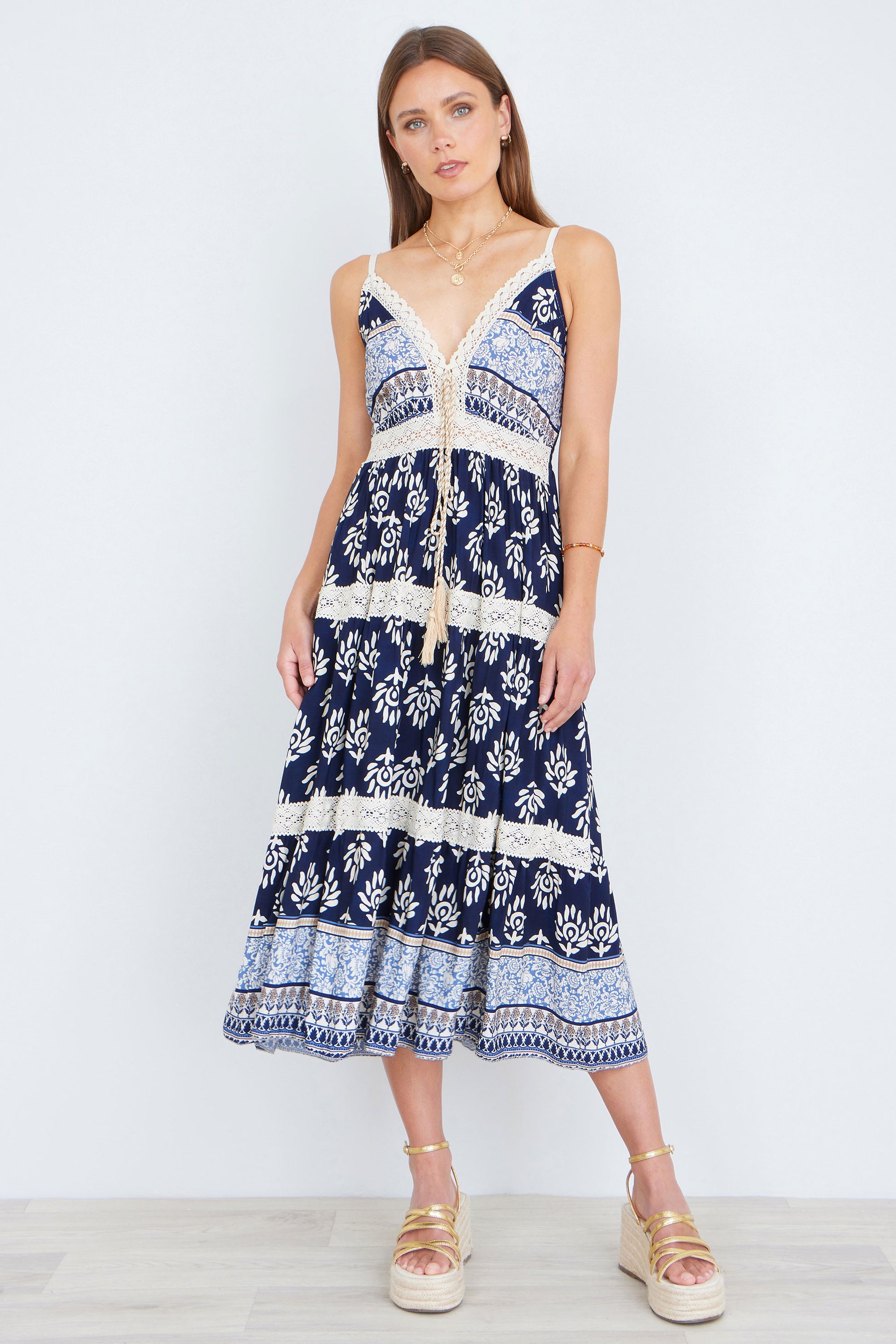 Yumi Navy Viscose Paisley Print Midi Sun Dress Beachwear Yumi
