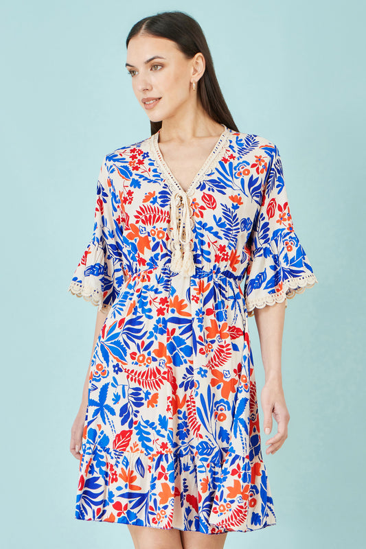 Yumi Multicolour Leaf Print Viscose Kimono Sleeve Tunic