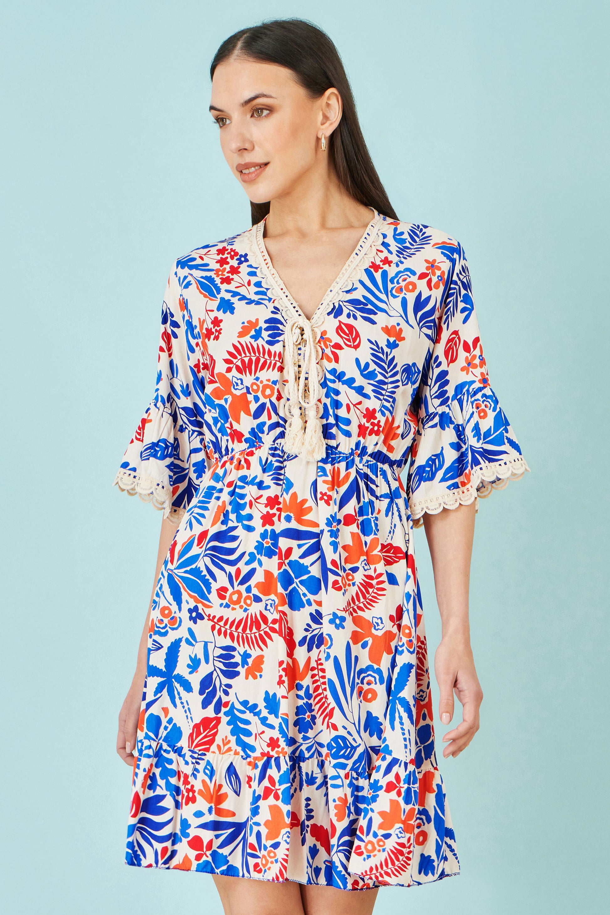 Yumi Multicolour Leaf Print Viscose Kimono Sleeve Tunic Beachwear Yumi