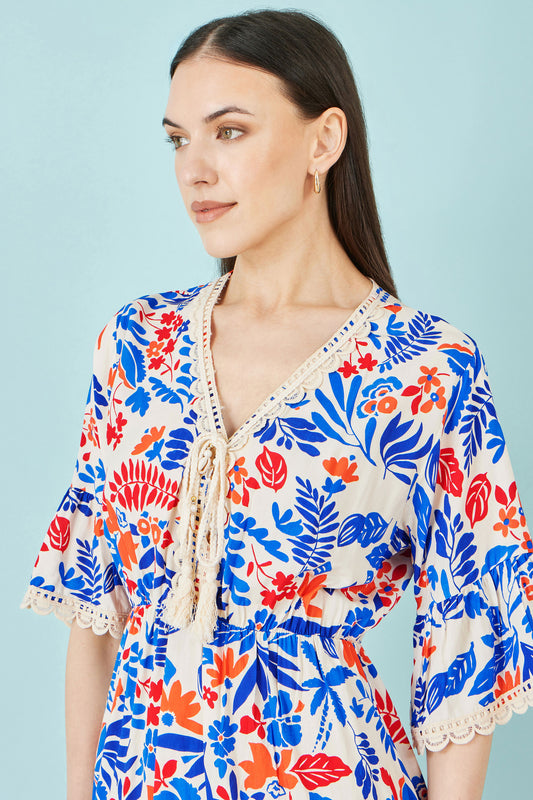 Yumi Multicolour Leaf Print Viscose Kimono Sleeve Tunic